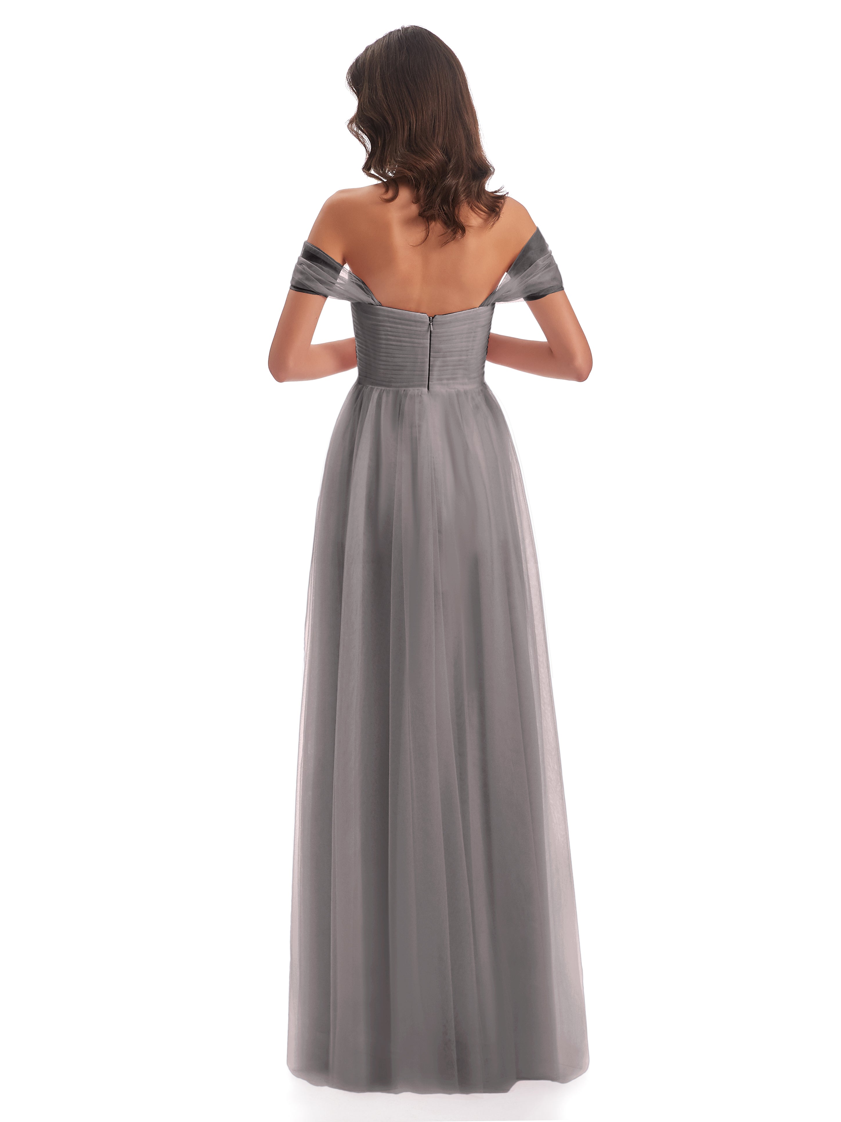 Robe Demoiselle D Honneur Argenté Trapèze Hors-La-Épaule Tulle Longue Robes Demoiselle D'Honneur