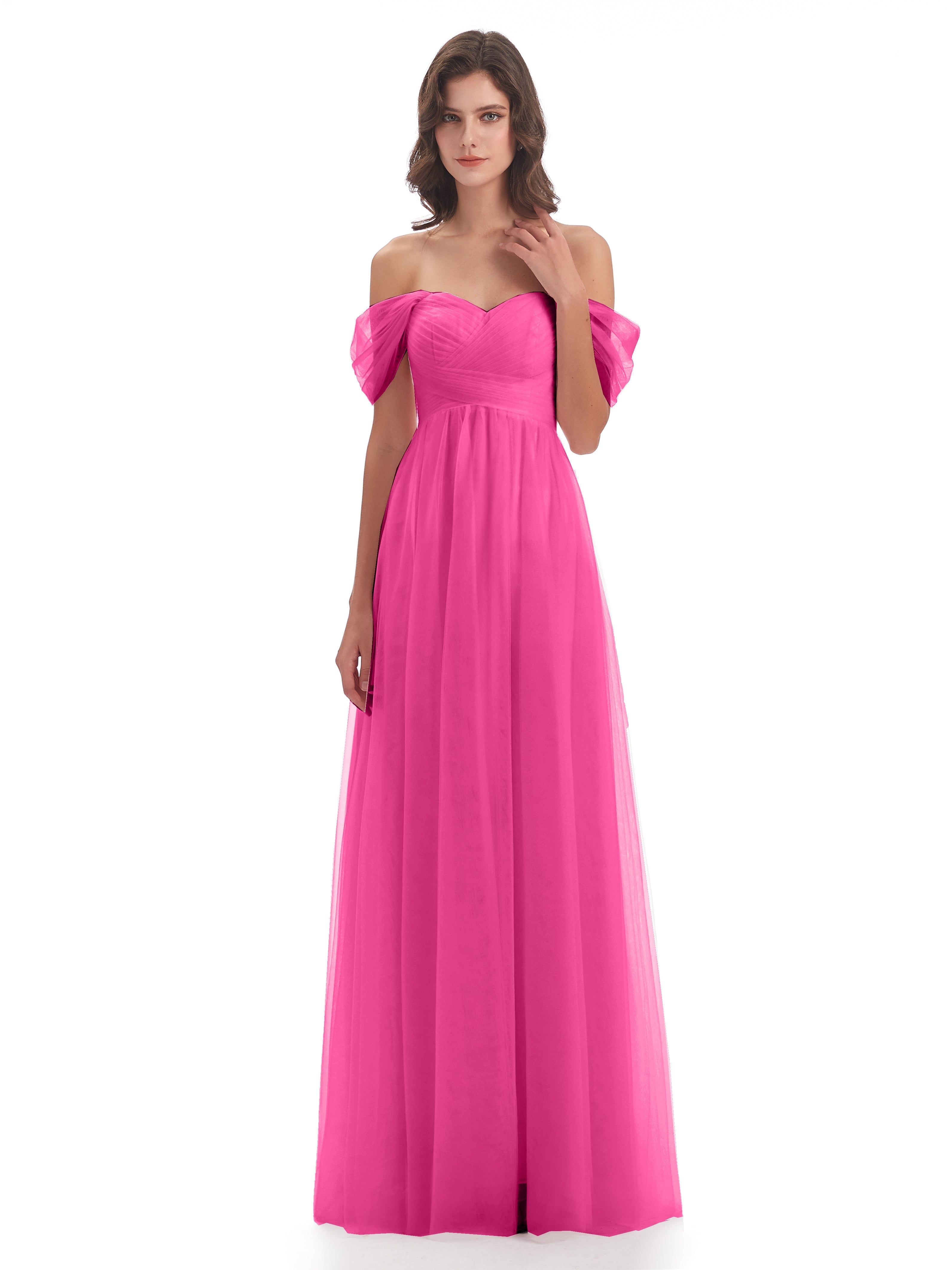 Robe Demoiselle D Honneur En Azalée Trapèze Hors-La-Épaule Tulle Longue Robes Demoiselle D'Honneur