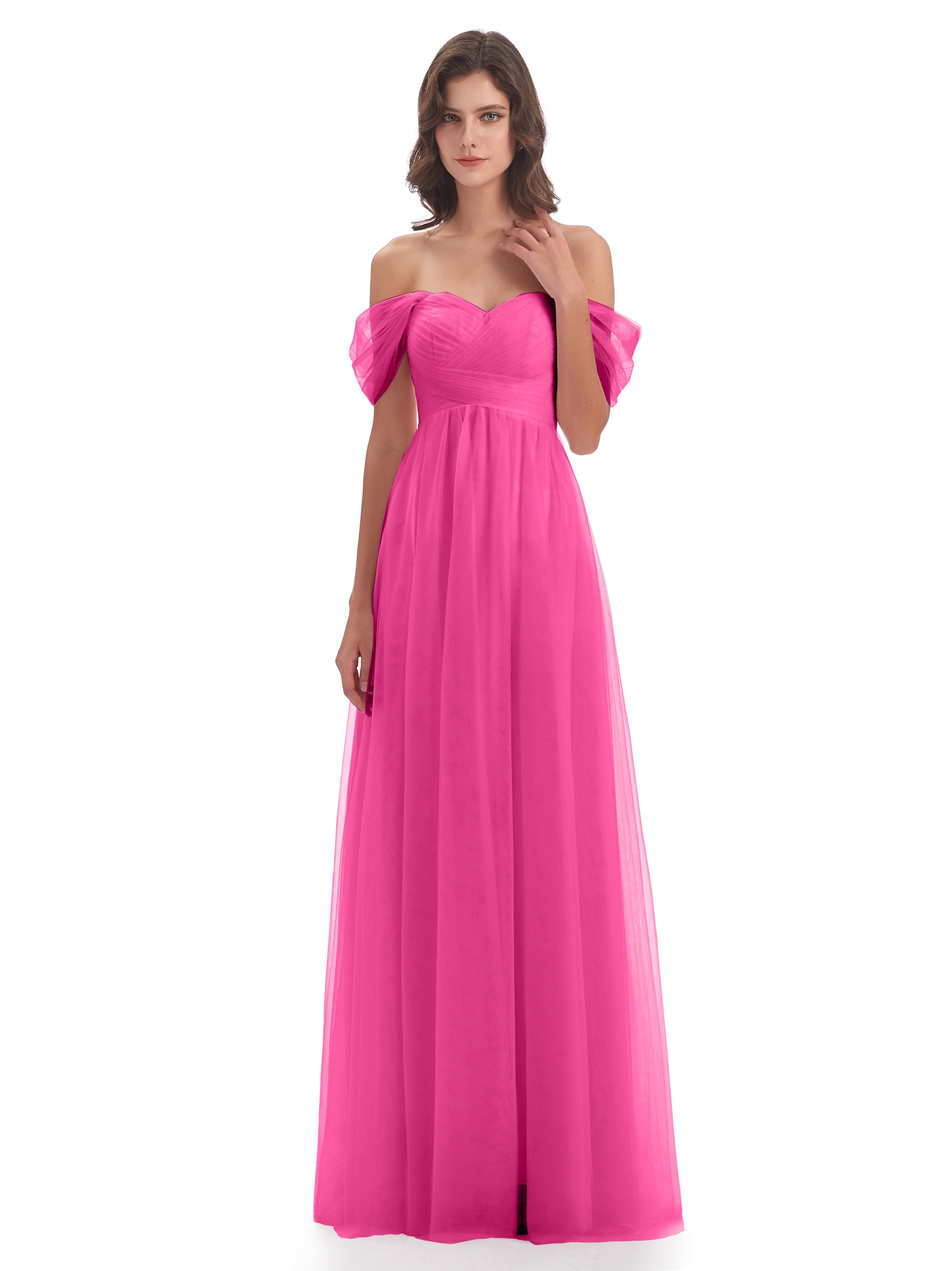Robe Demoiselle D Honneur En Azalée Trapèze Hors-La-Épaule Tulle Longue Robes Demoiselle D'Honneur