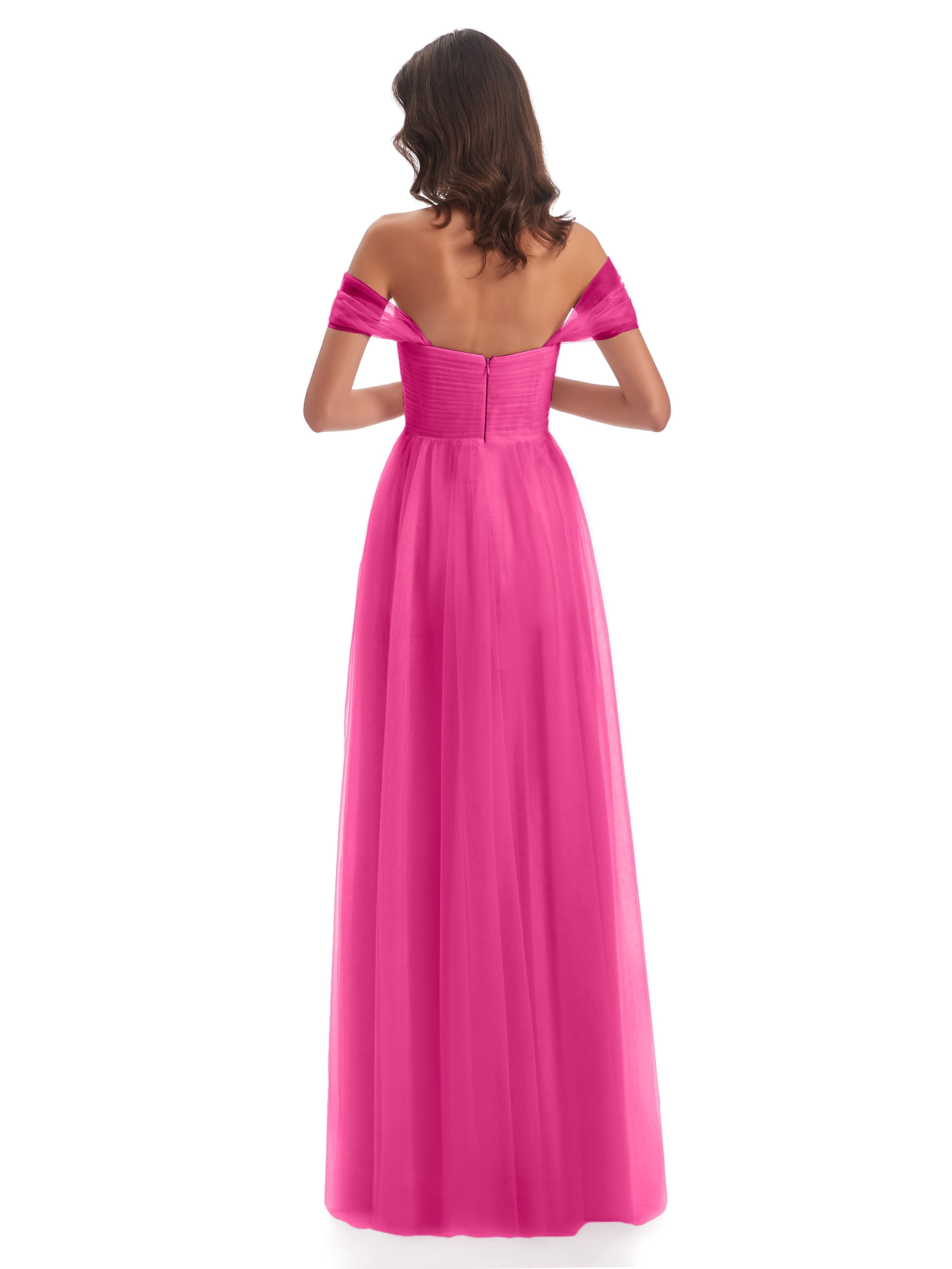 Robe Demoiselle D Honneur En Azalée Trapèze Hors-La-Épaule Tulle Longue Robes Demoiselle D'Honneur