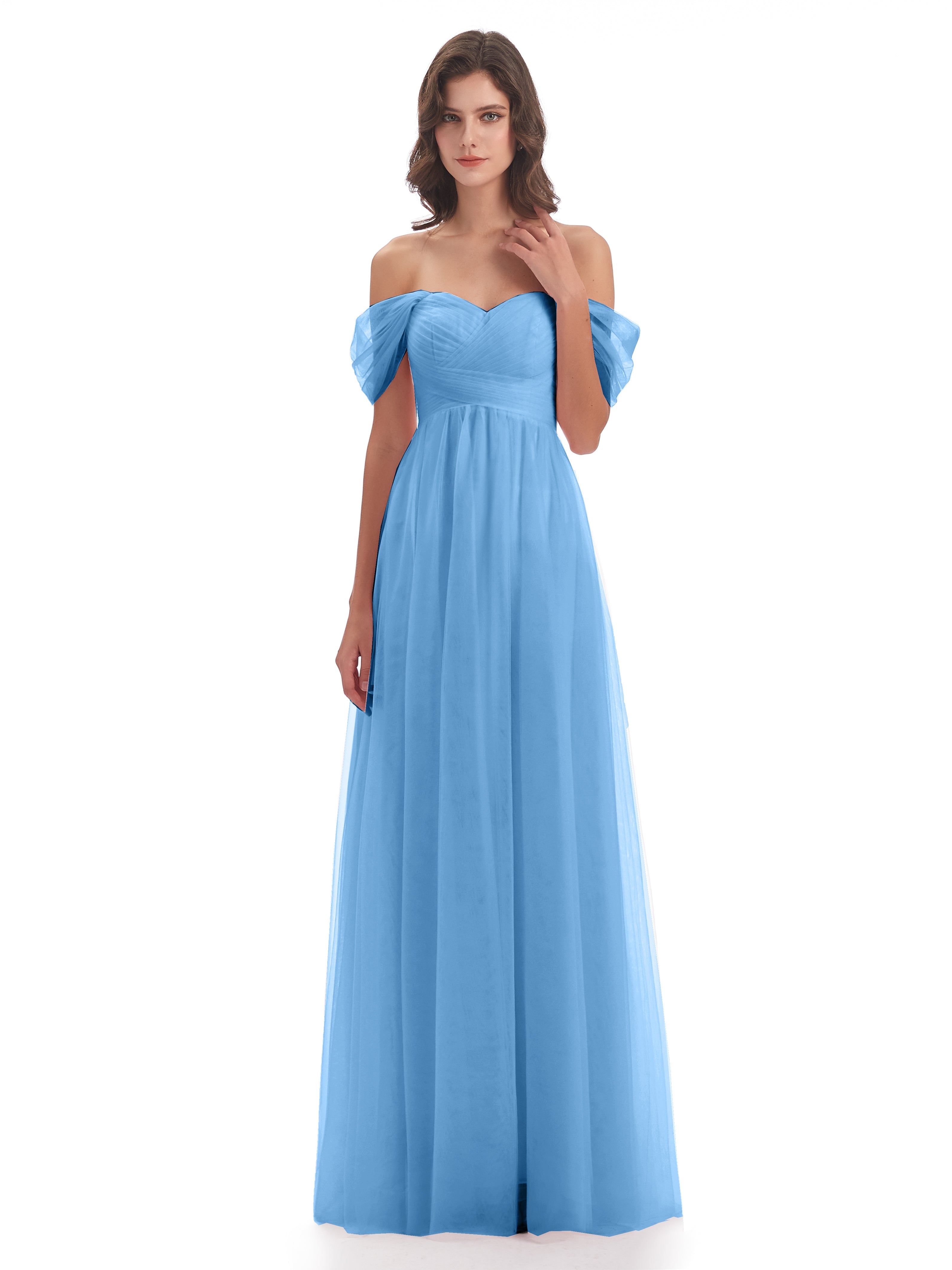 Robes De Demoiselle D'Honneur Bleues Longues Trapèze Hors-La-Épaule Tulle Longue Robes Demoiselle D'Honneur
