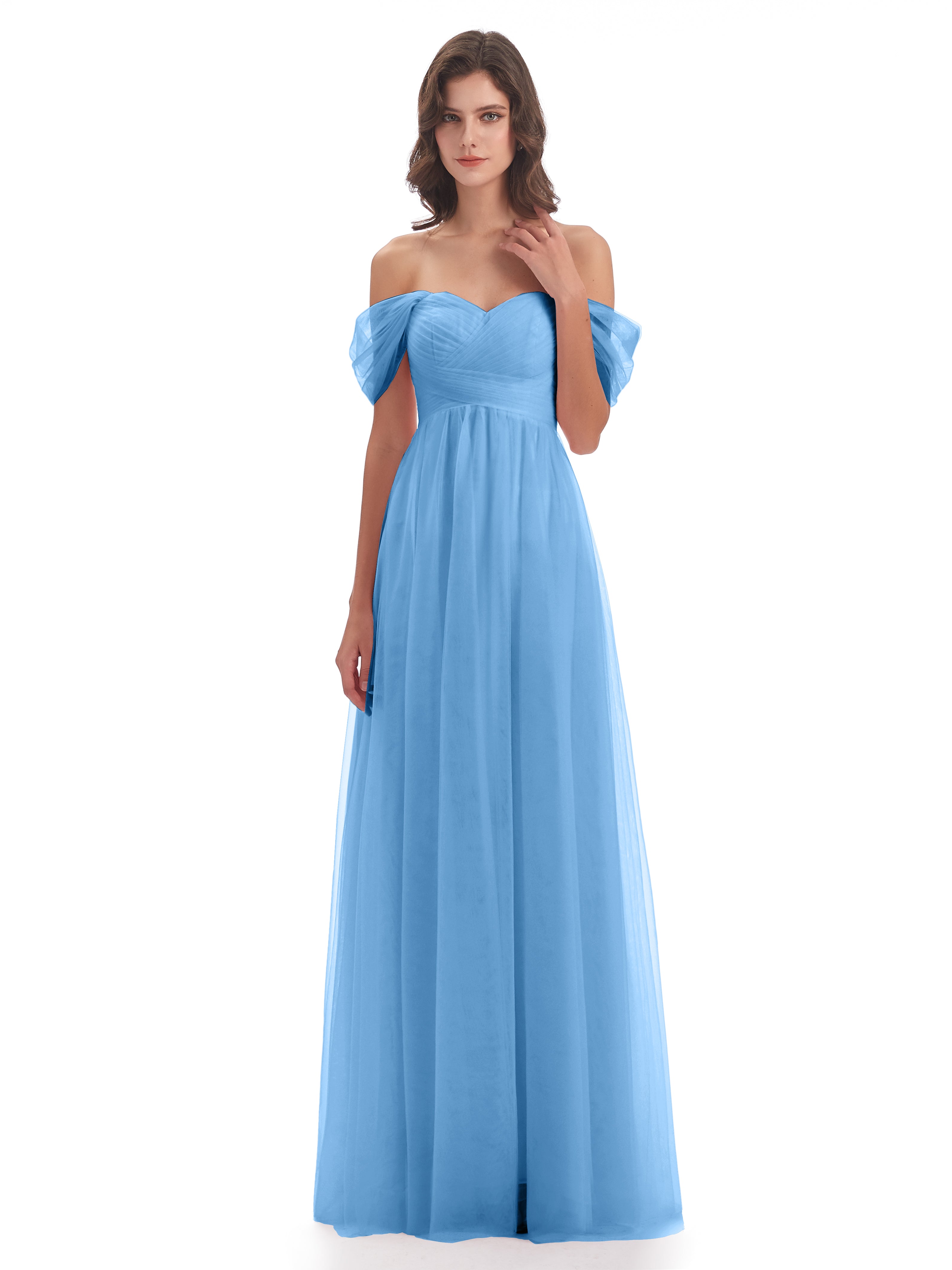 Robes De Demoiselle D'Honneur Bleues Longues Trapèze Hors-La-Épaule Tulle Longue Robes Demoiselle D'Honneur
