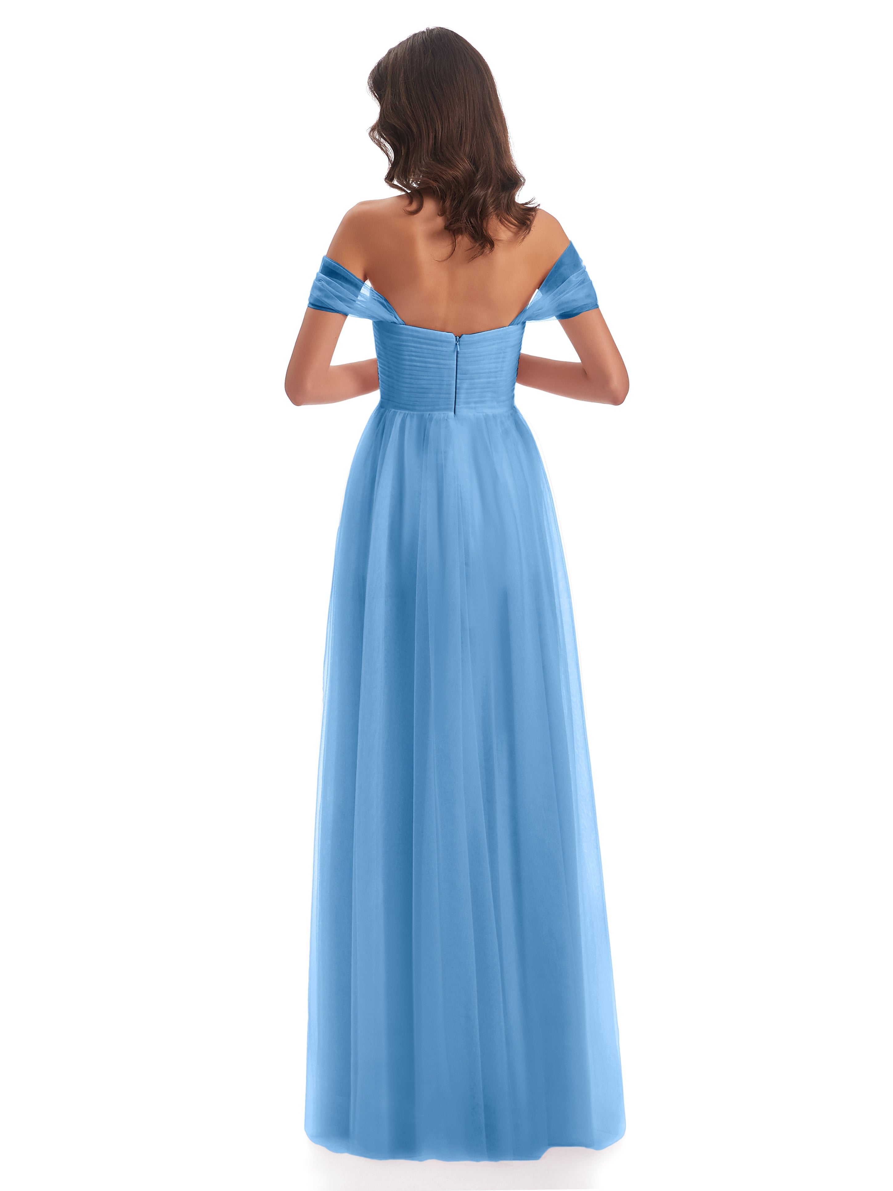 Robes De Demoiselle D'Honneur Bleues Longues Trapèze Hors-La-Épaule Tulle Longue Robes Demoiselle D'Honneur