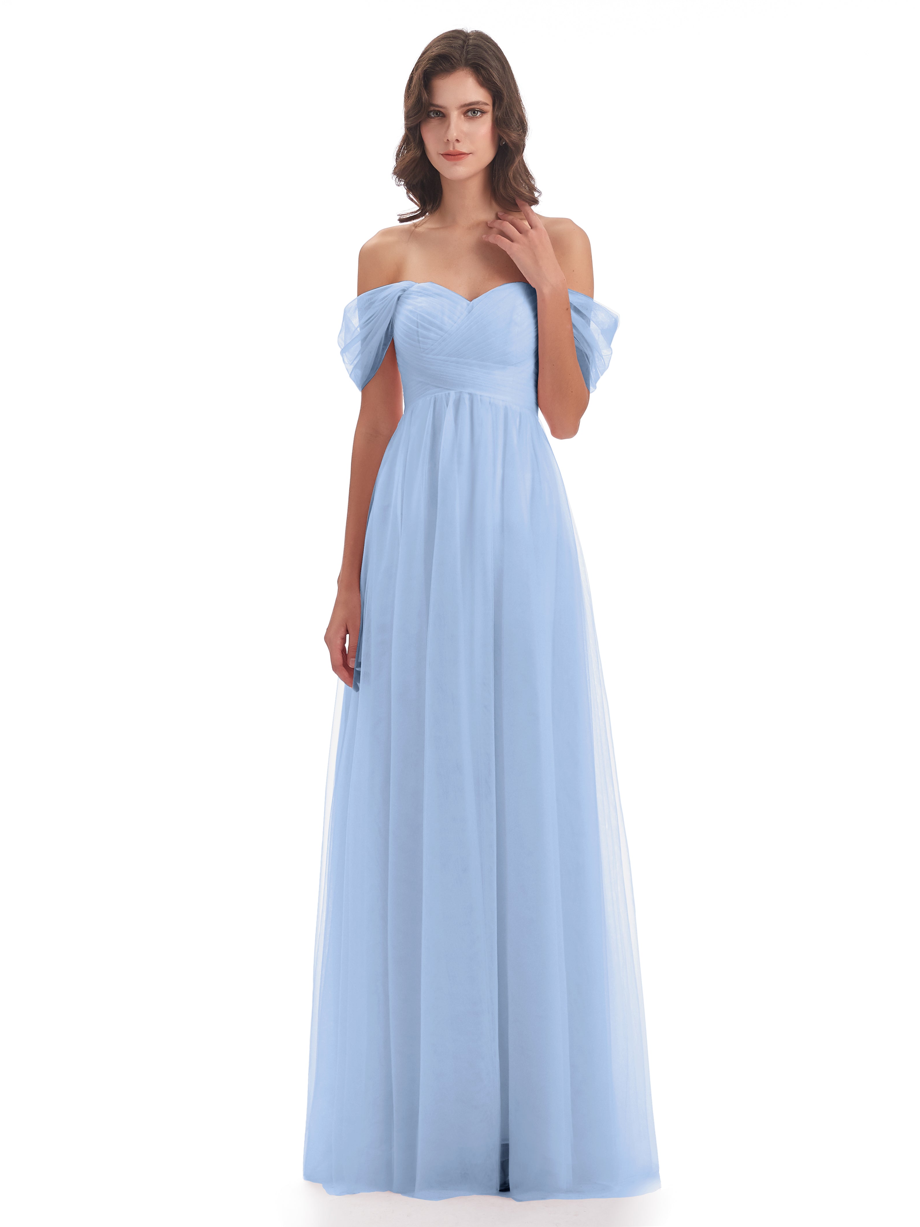 Robe Demoiselle D Honneur Bleue Ciel Trapèze Hors-La-Épaule Tulle Longue Robes Demoiselle D'Honneur