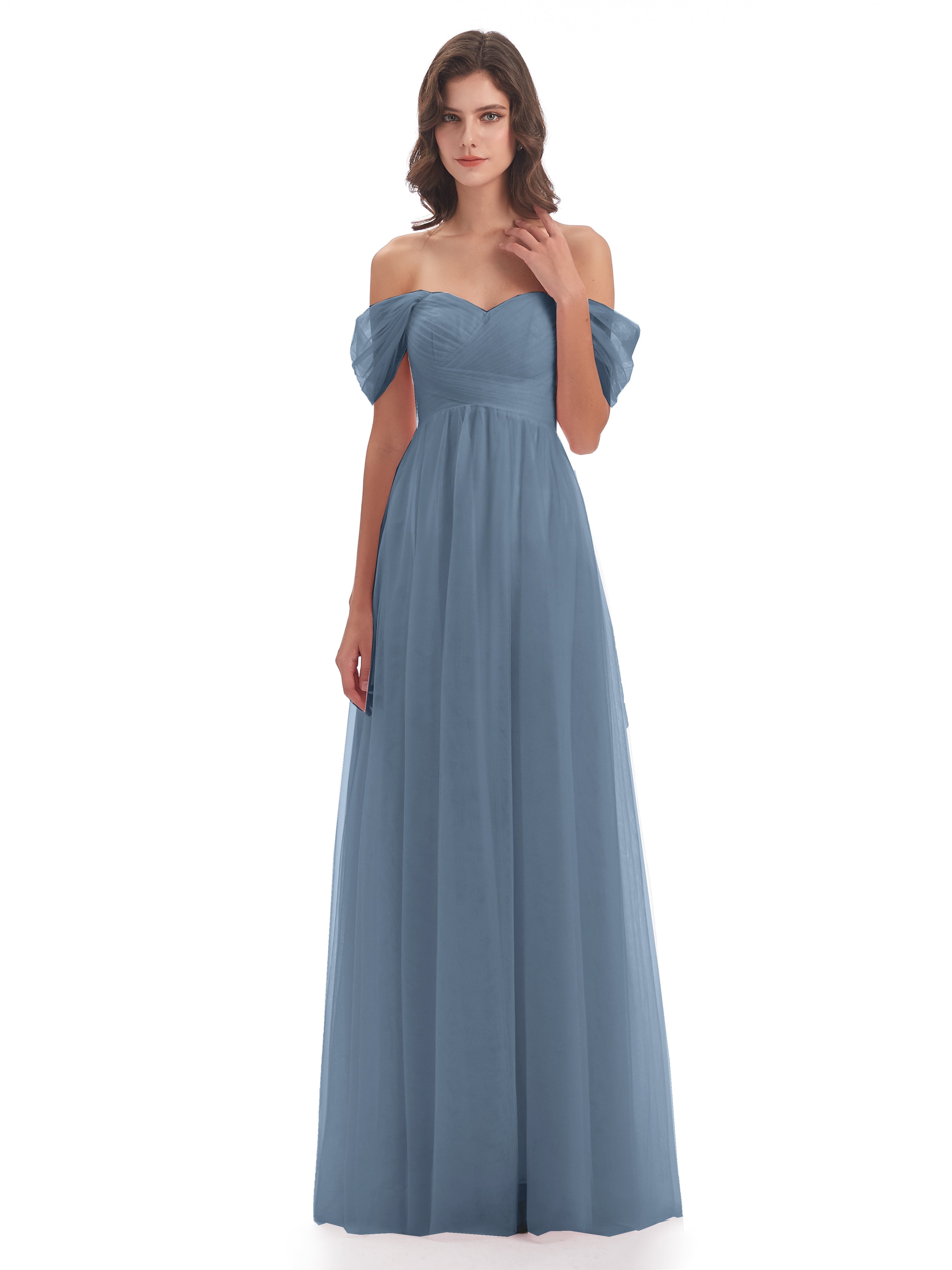 Robes De Demoiselle D'Honneur Bleu De Schiste Trapèze Hors-La-Épaule Tulle Longue Robes Demoiselle D'Honneur