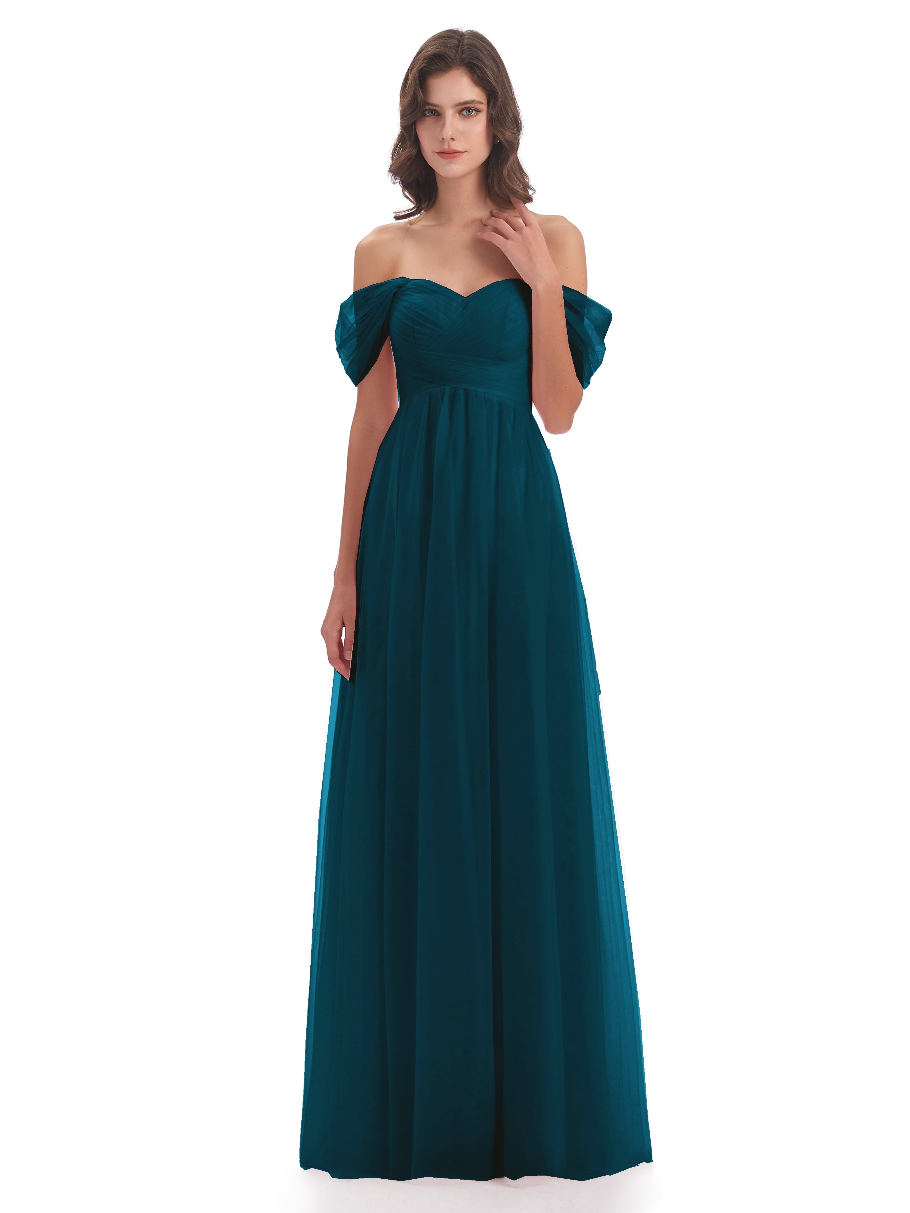 Robes De Demoiselle D'Honneur Bleu Encre Trapèze Hors-La-Épaule Tulle Longue Robes Demoiselle D'Honneur