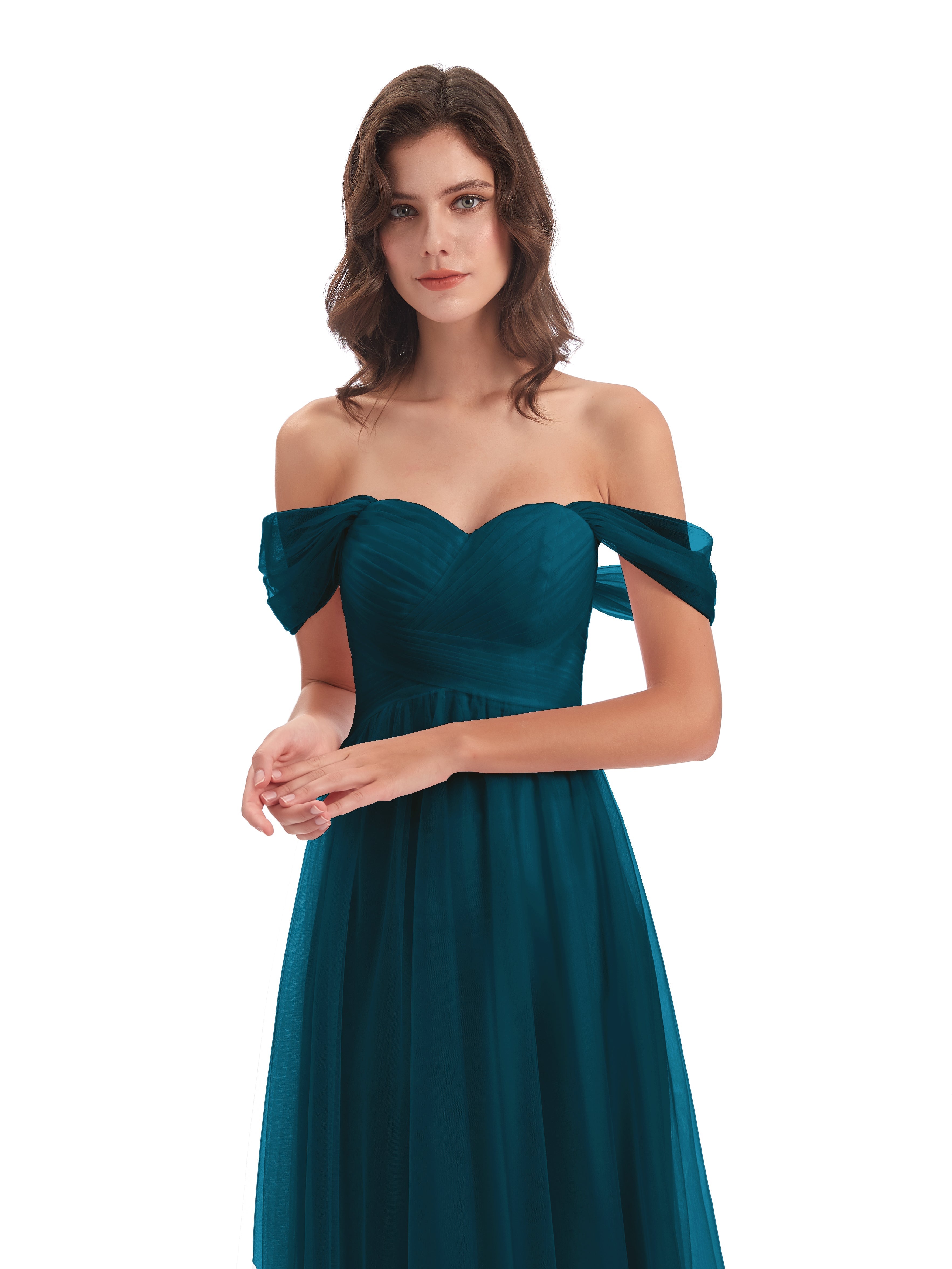 Robes De Demoiselle D'Honneur Bleu Encre Trapèze Hors-La-Épaule Tulle Longue Robes Demoiselle D'Honneur