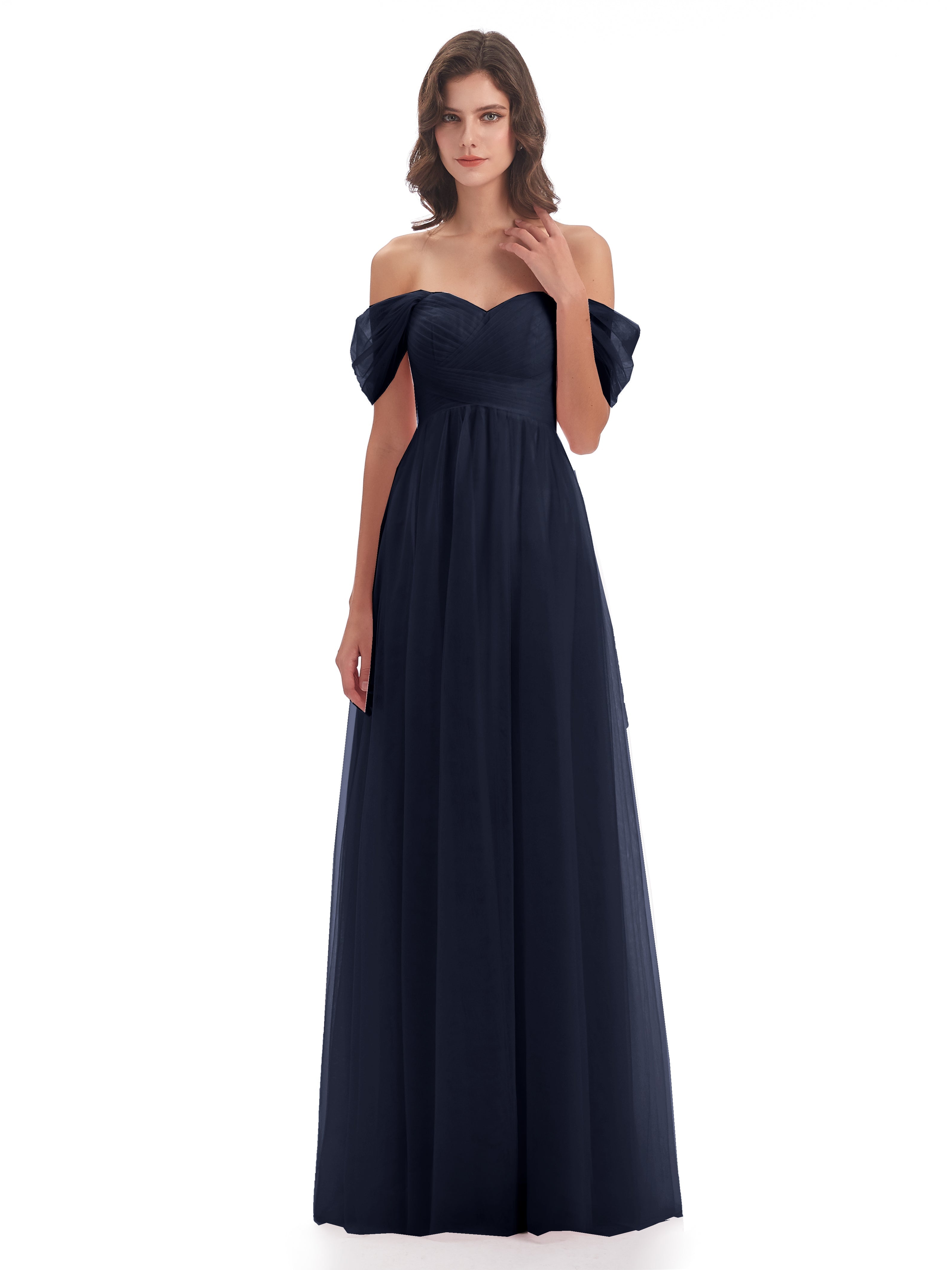 Robes De Demoiselle D'Honneur Bleu Marine Foncé Trapèze Hors-La-Épaule Tulle Longue Robes Demoiselle D'Honneur