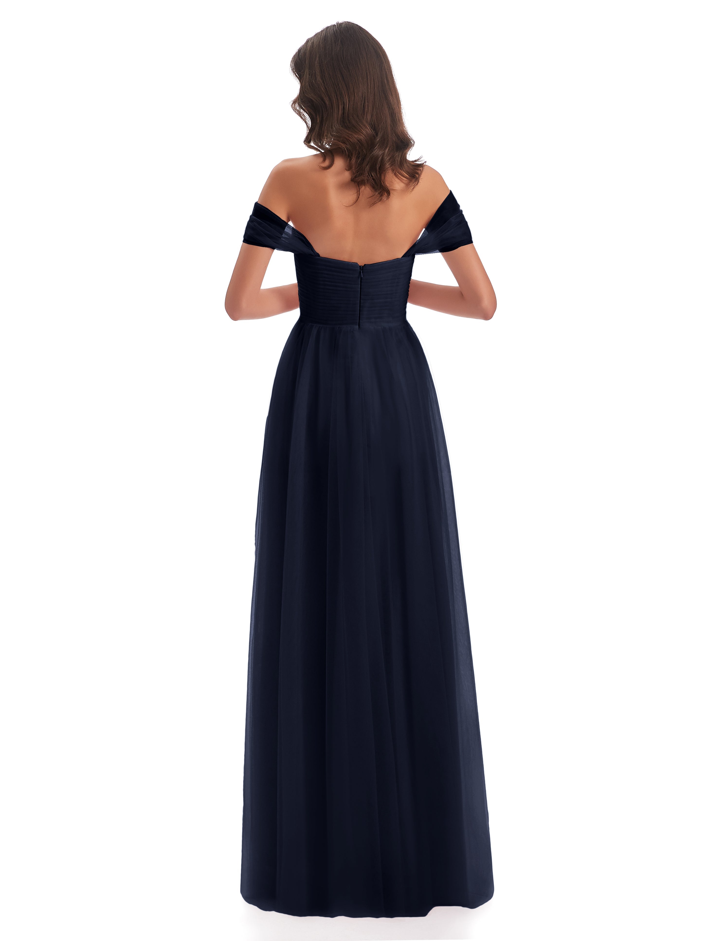 Robes De Demoiselle D'Honneur Bleu Marine Foncé Trapèze Hors-La-Épaule Tulle Longue Robes Demoiselle D'Honneur