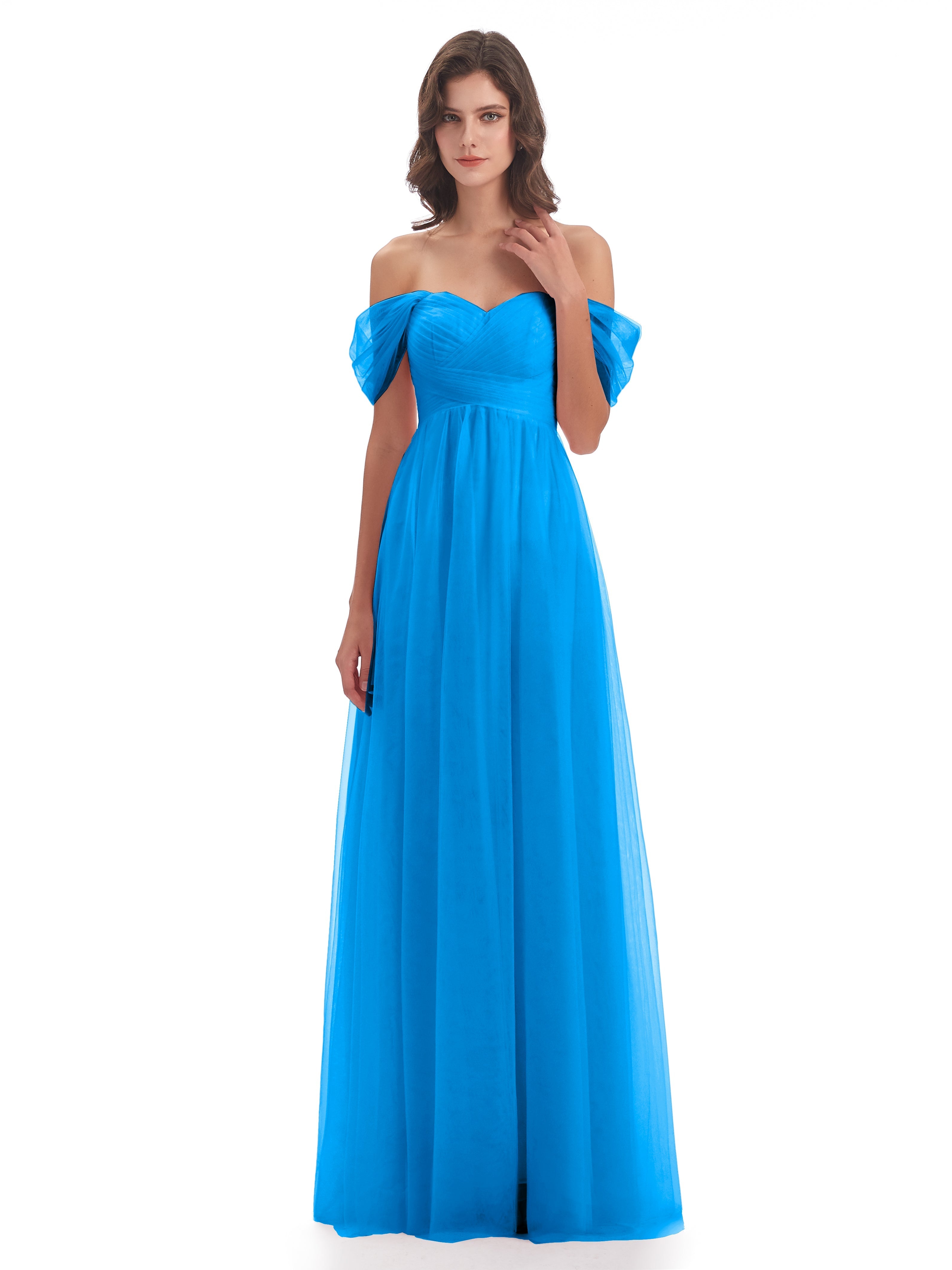 Robes De Demoiselle D'Honneur Bleu Océan Trapèze Hors-La-Épaule Tulle Longue Robes Demoiselle D'Honneur
