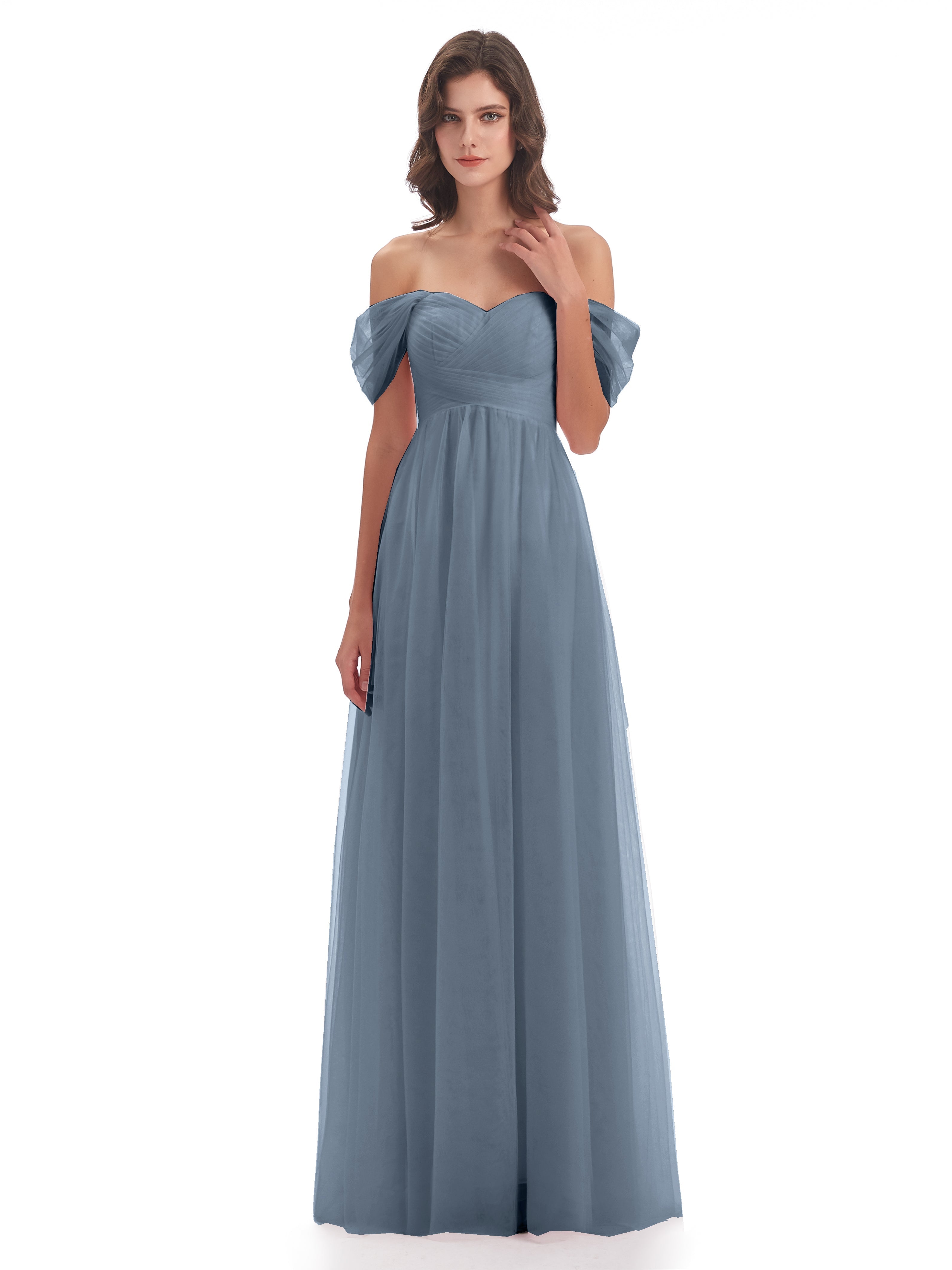 Robes De Demoiselle D'Honneur Bleu Gris Trapèze Hors-La-Épaule Tulle Longue Robes Demoiselle D'Honneur