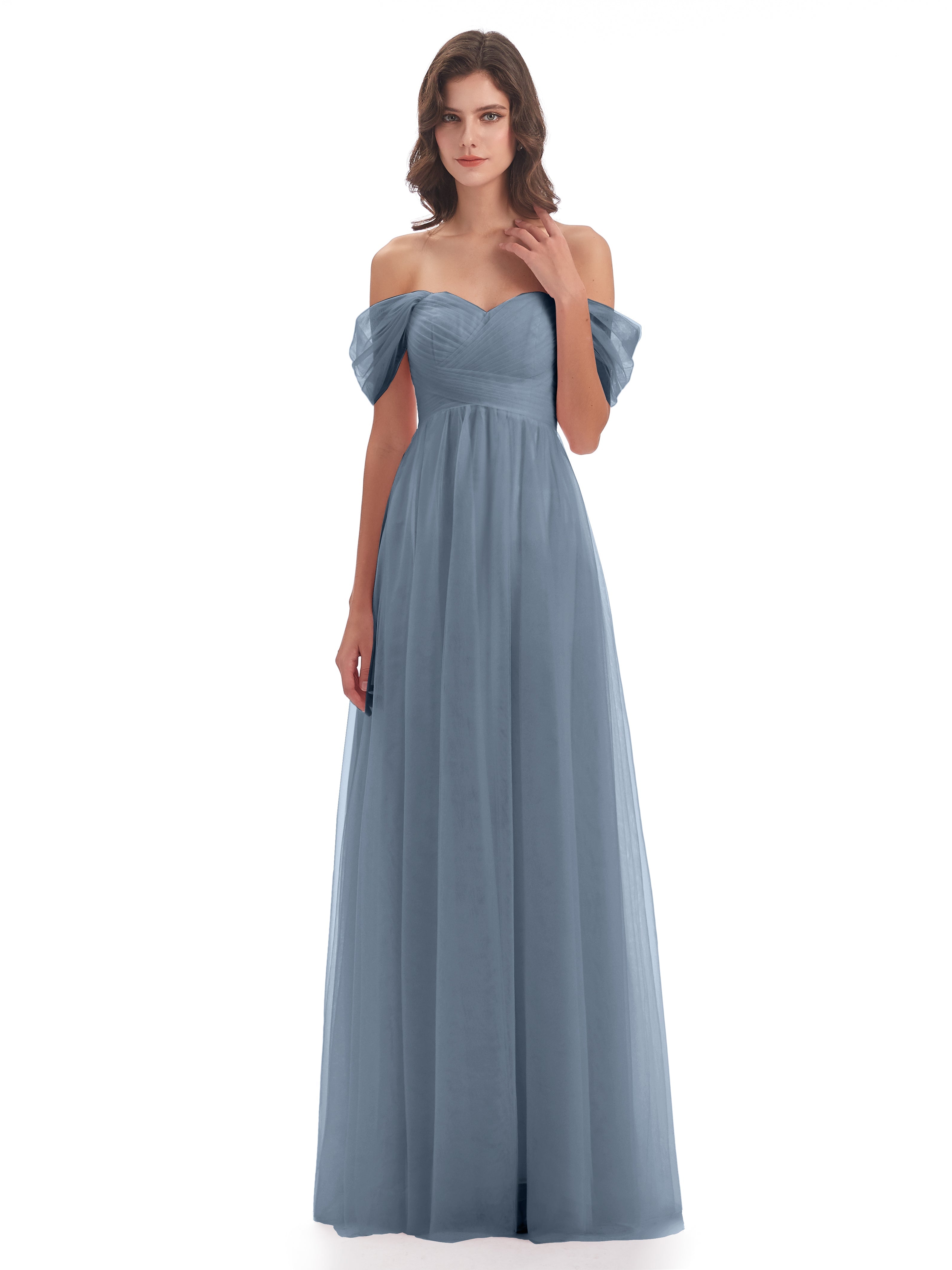 Robes De Demoiselle D'Honneur Bleu Gris Trapèze Hors-La-Épaule Tulle Longue Robes Demoiselle D'Honneur