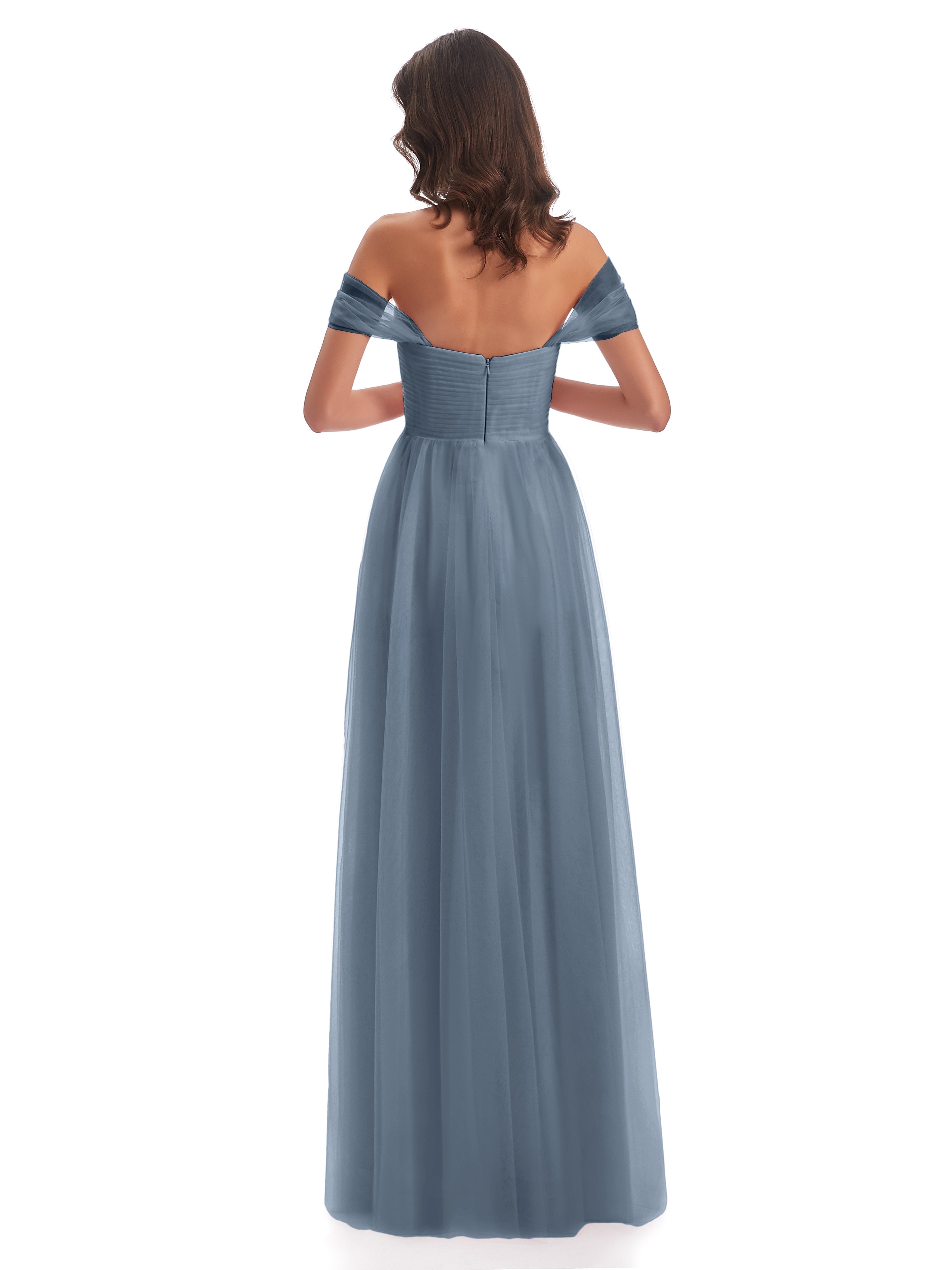 Robes De Demoiselle D'Honneur Bleu Gris Trapèze Hors-La-Épaule Tulle Longue Robes Demoiselle D'Honneur