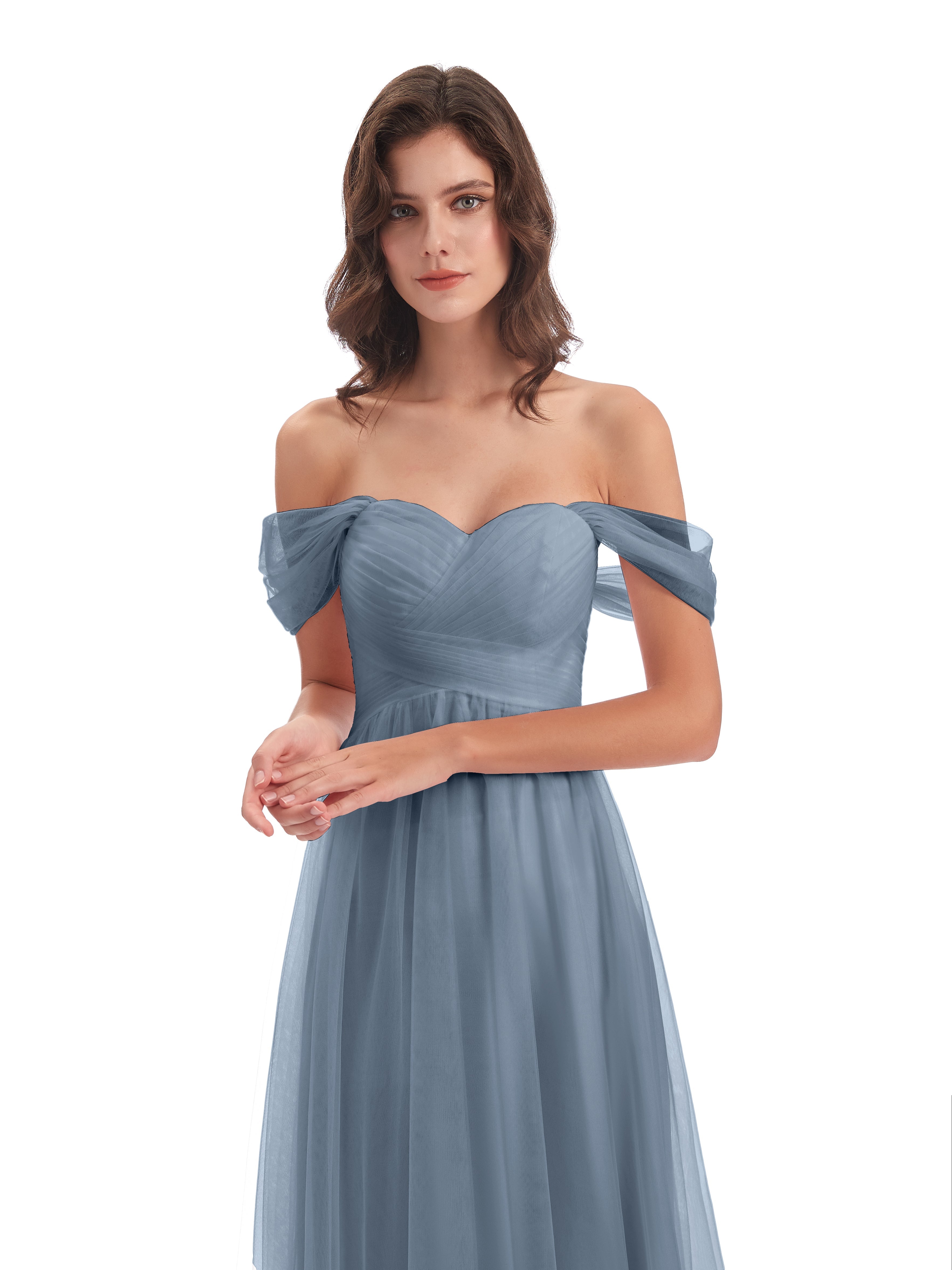 Robes De Demoiselle D'Honneur Bleu Gris Trapèze Hors-La-Épaule Tulle Longue Robes Demoiselle D'Honneur
