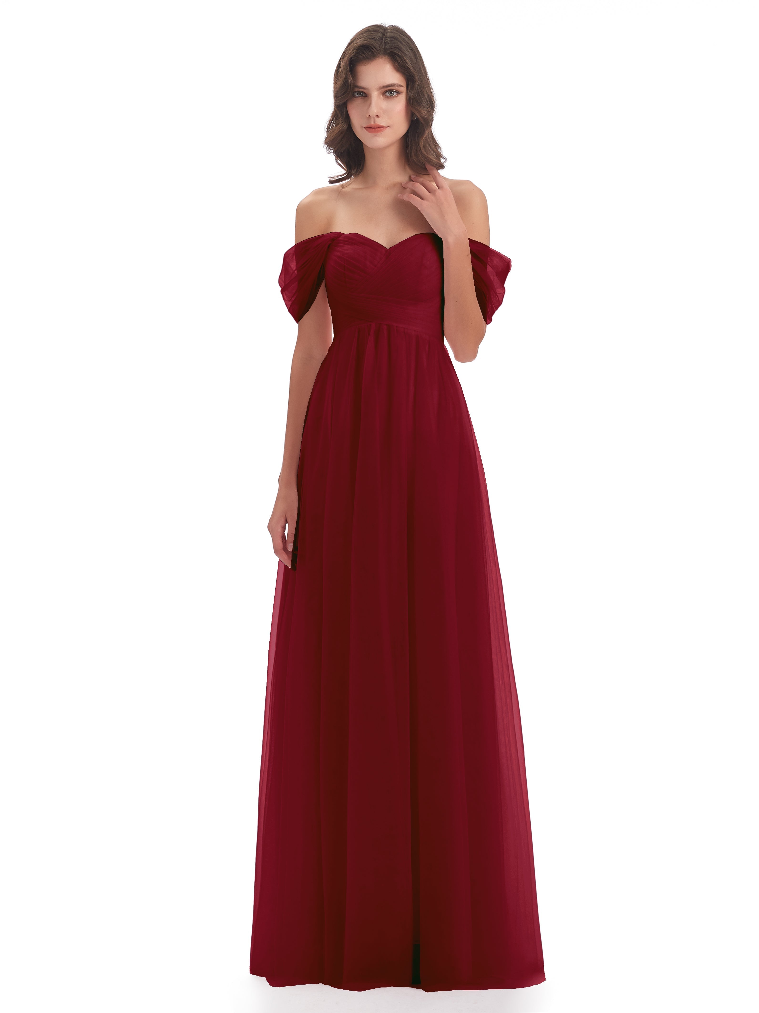 Modestes Robes De Demoiselle D'Honneur Bordeaux Trapèze Hors-La-Épaule Tulle Longue Robes Demoiselle D'Honneur