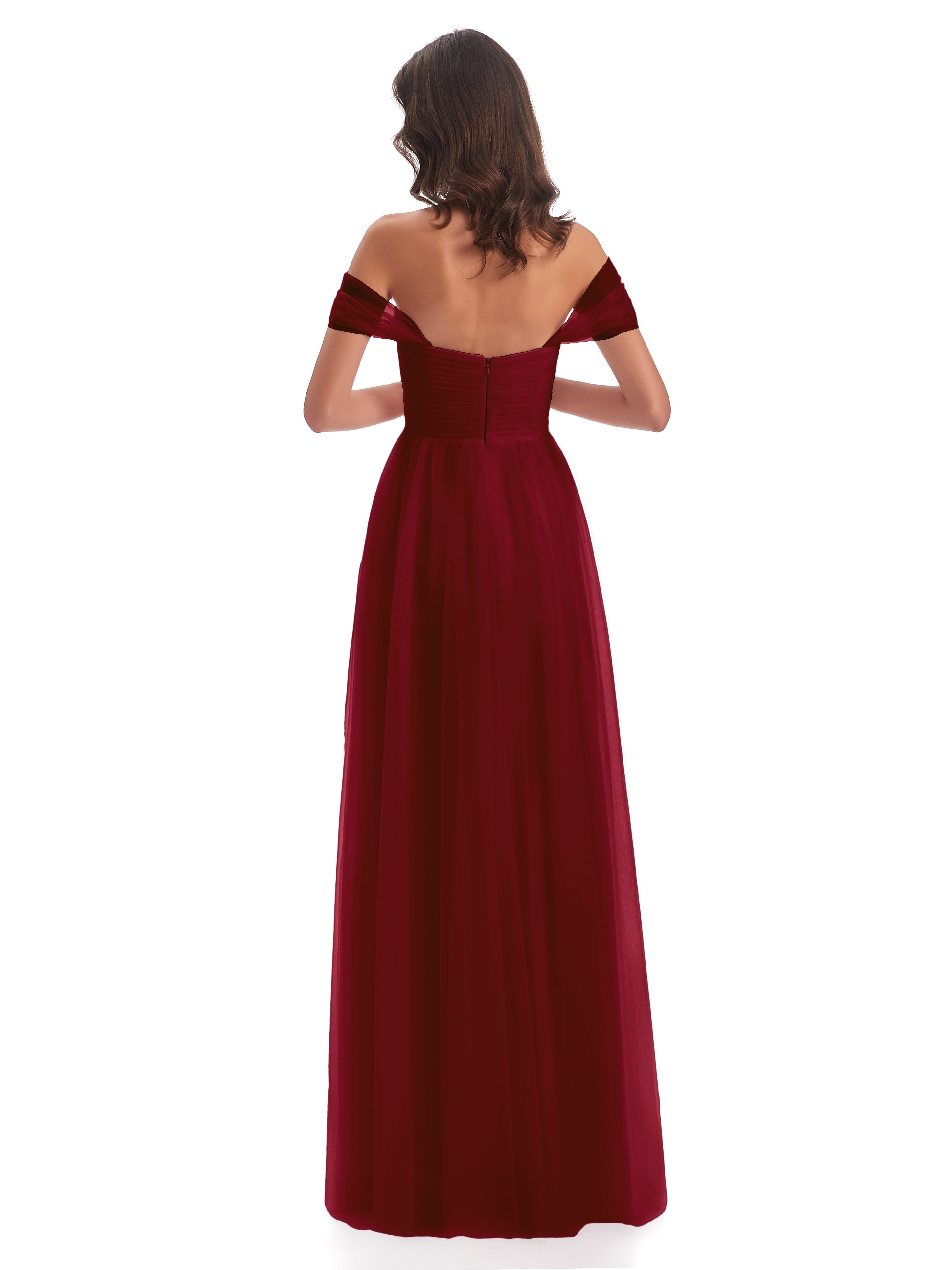 Modestes Robes De Demoiselle D'Honneur Bordeaux Trapèze Hors-La-Épaule Tulle Longue Robes Demoiselle D'Honneur
