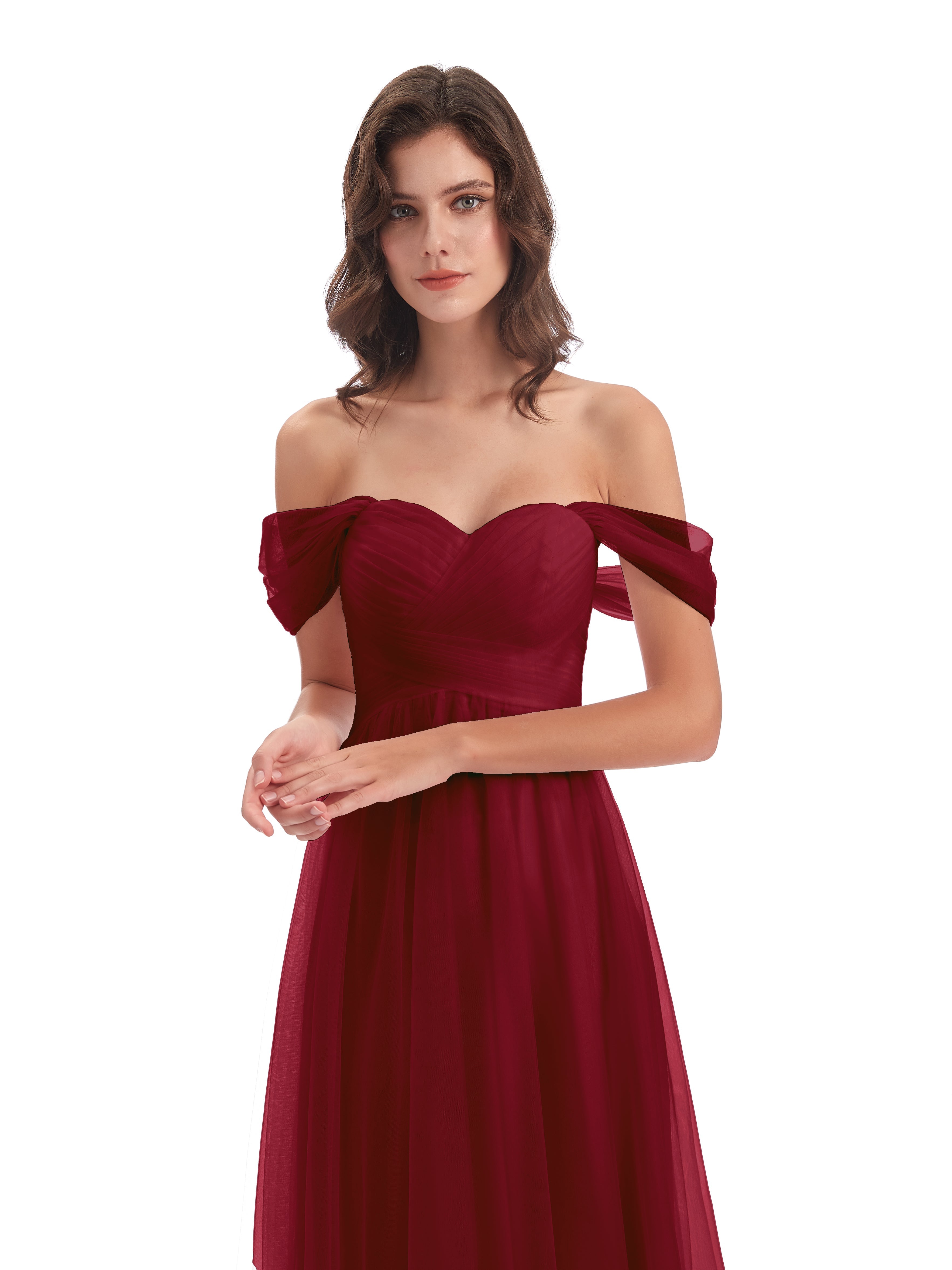 Modestes Robes De Demoiselle D'Honneur Bordeaux Trapèze Hors-La-Épaule Tulle Longue Robes Demoiselle D'Honneur