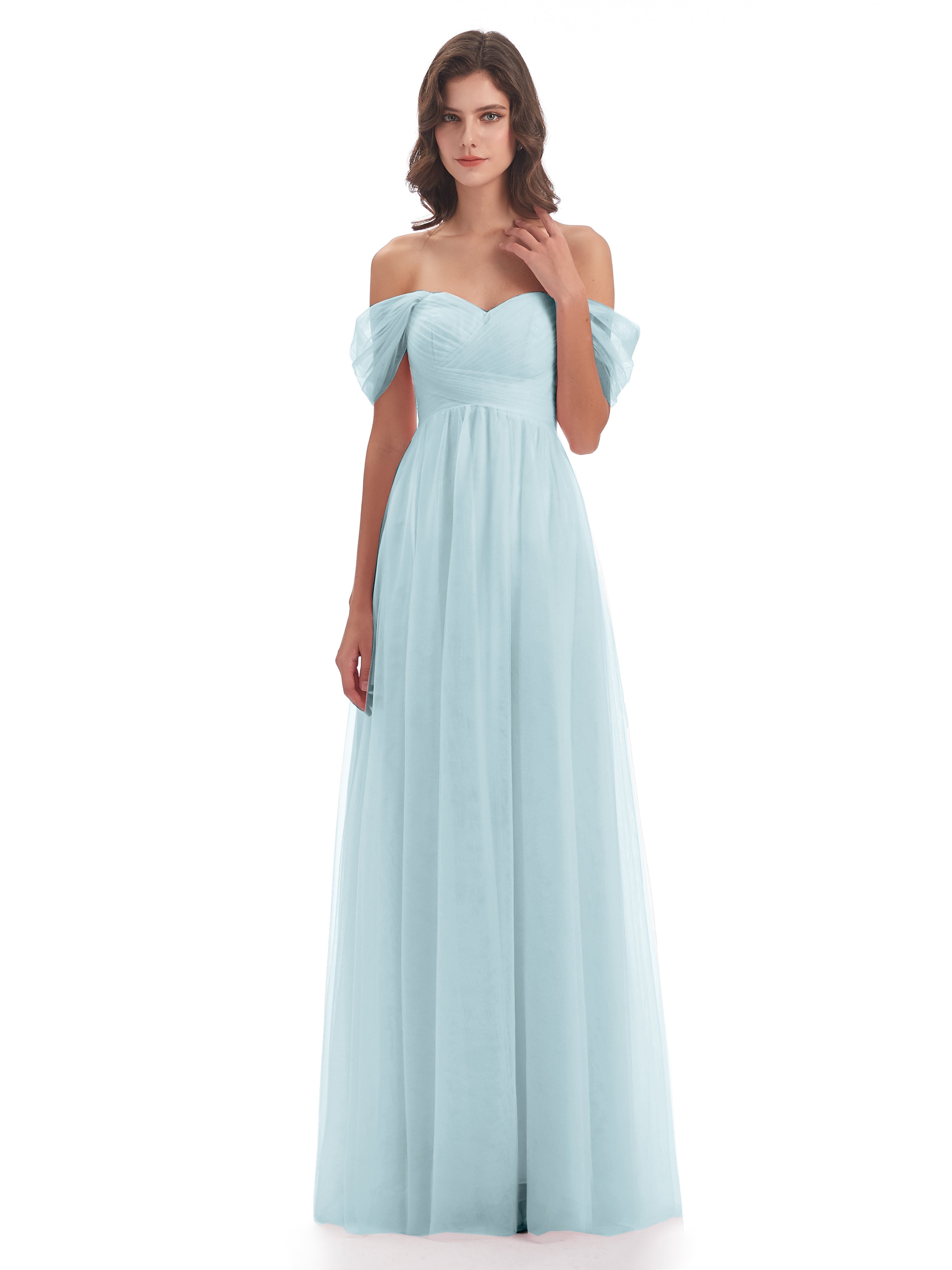 Robe De Demoiselle D'Honneur Brume Trapèze Hors-La-Épaule Tulle Longue Robes Demoiselle D'Honneur