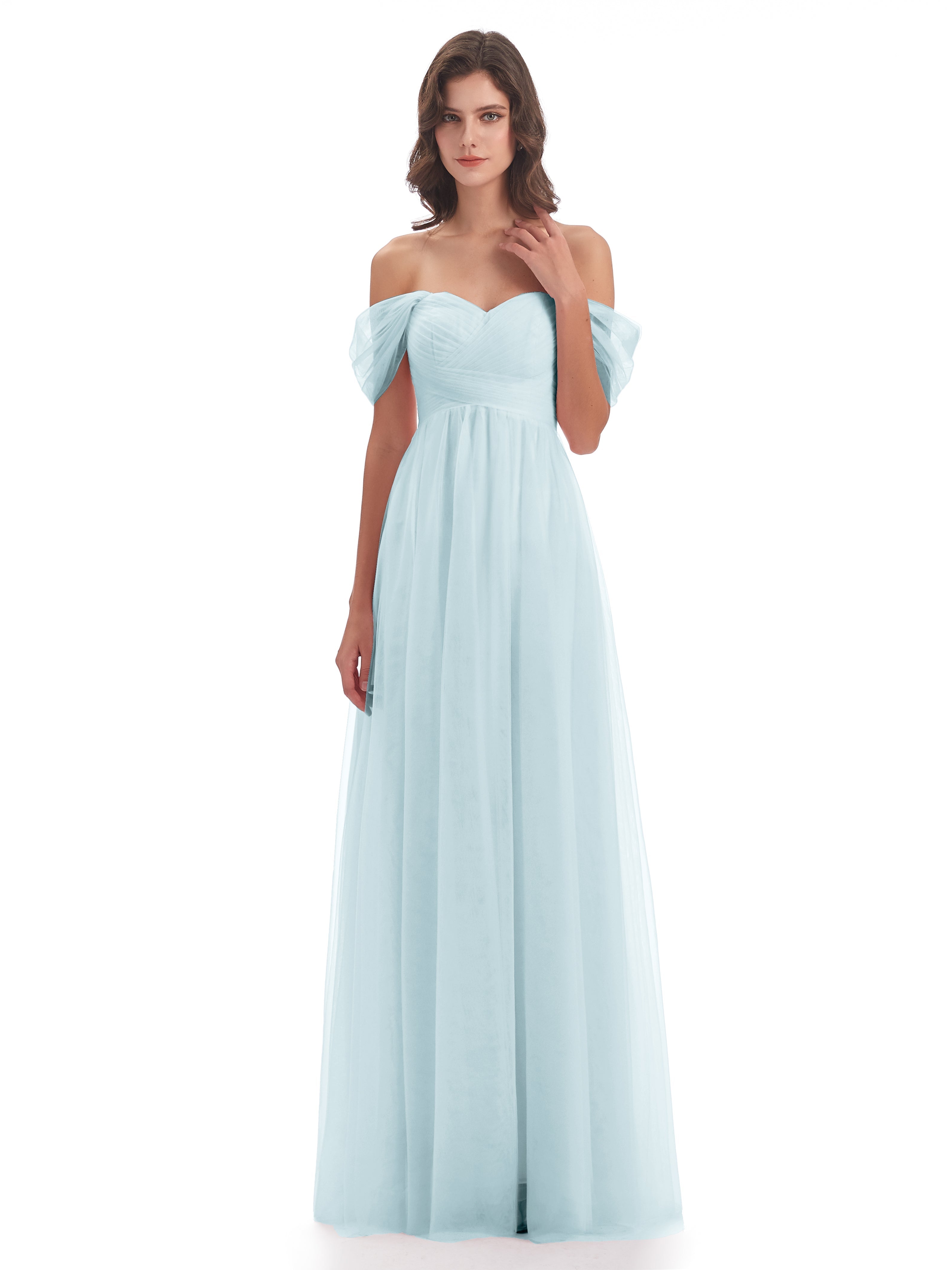 Robe De Demoiselle D'Honneur Brume Trapèze Hors-La-Épaule Tulle Longue Robes Demoiselle D'Honneur