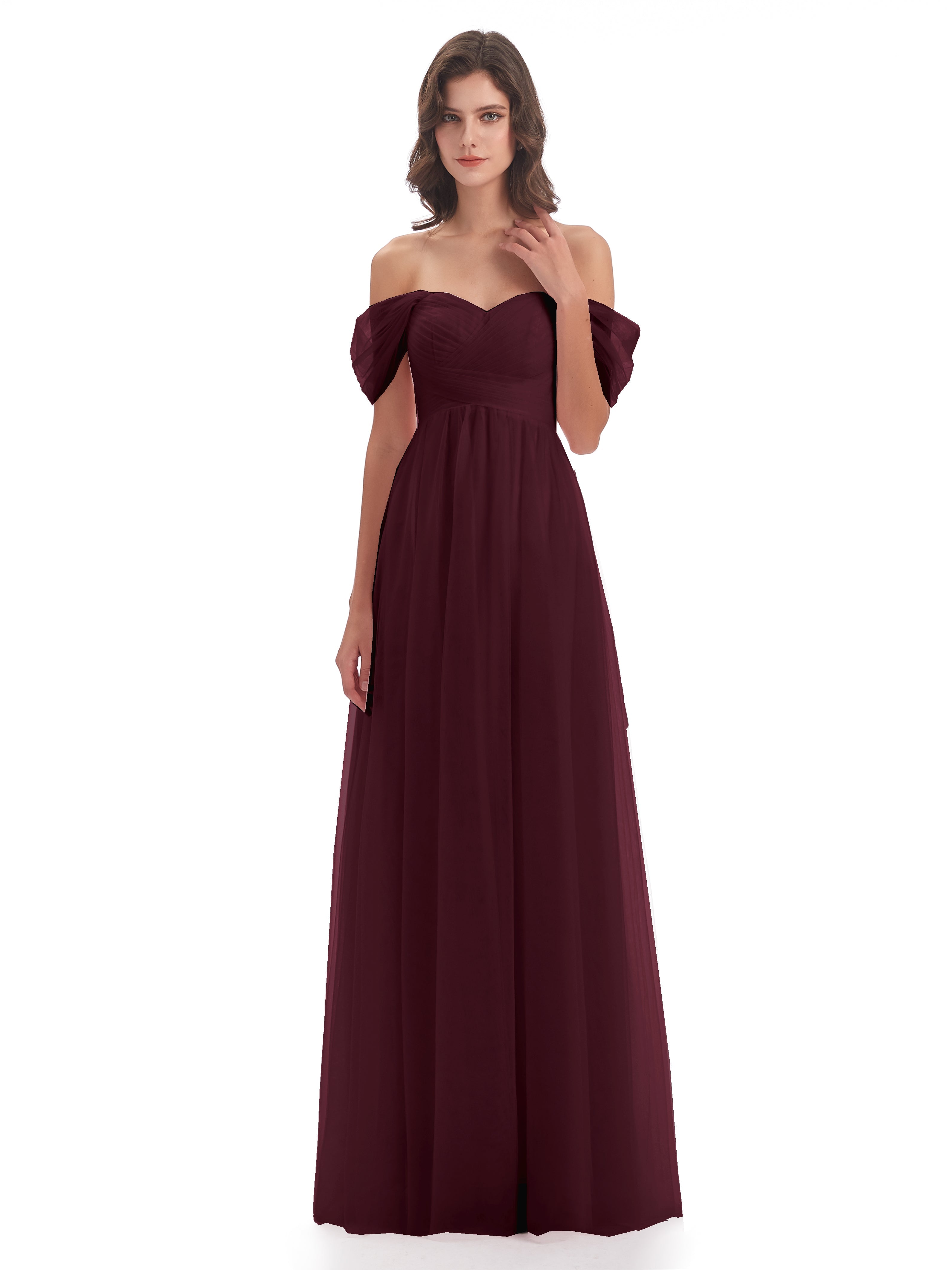Robes De Demoiselle D'Honneur Cabernet Trapèze Hors-La-Épaule Tulle Longue Robes Demoiselle D'Honneur