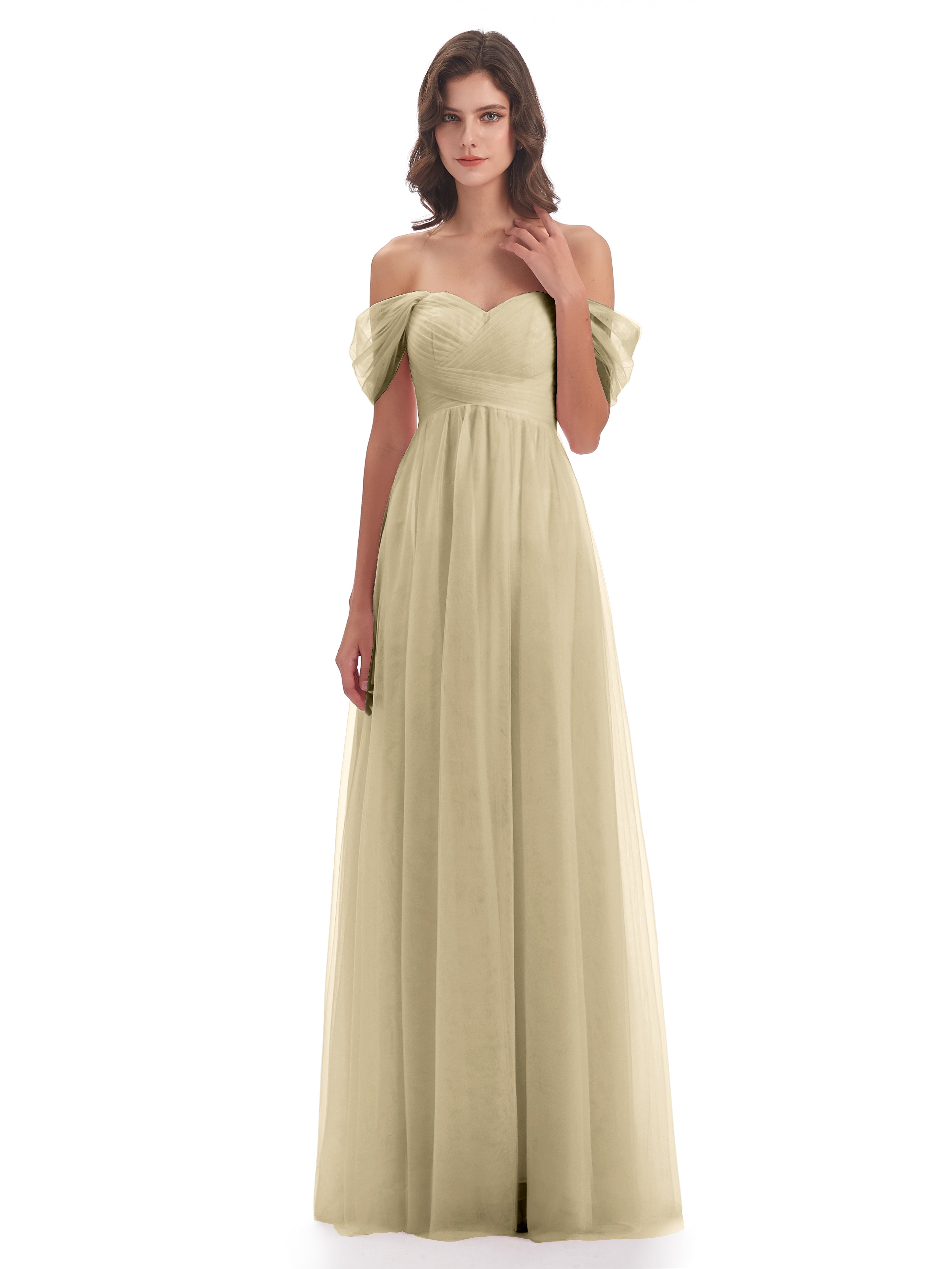 Robes De Demoiselle D'Honneur Champagne Trapèze Hors-La-Épaule Tulle Longue Robes Demoiselle D'Honneur