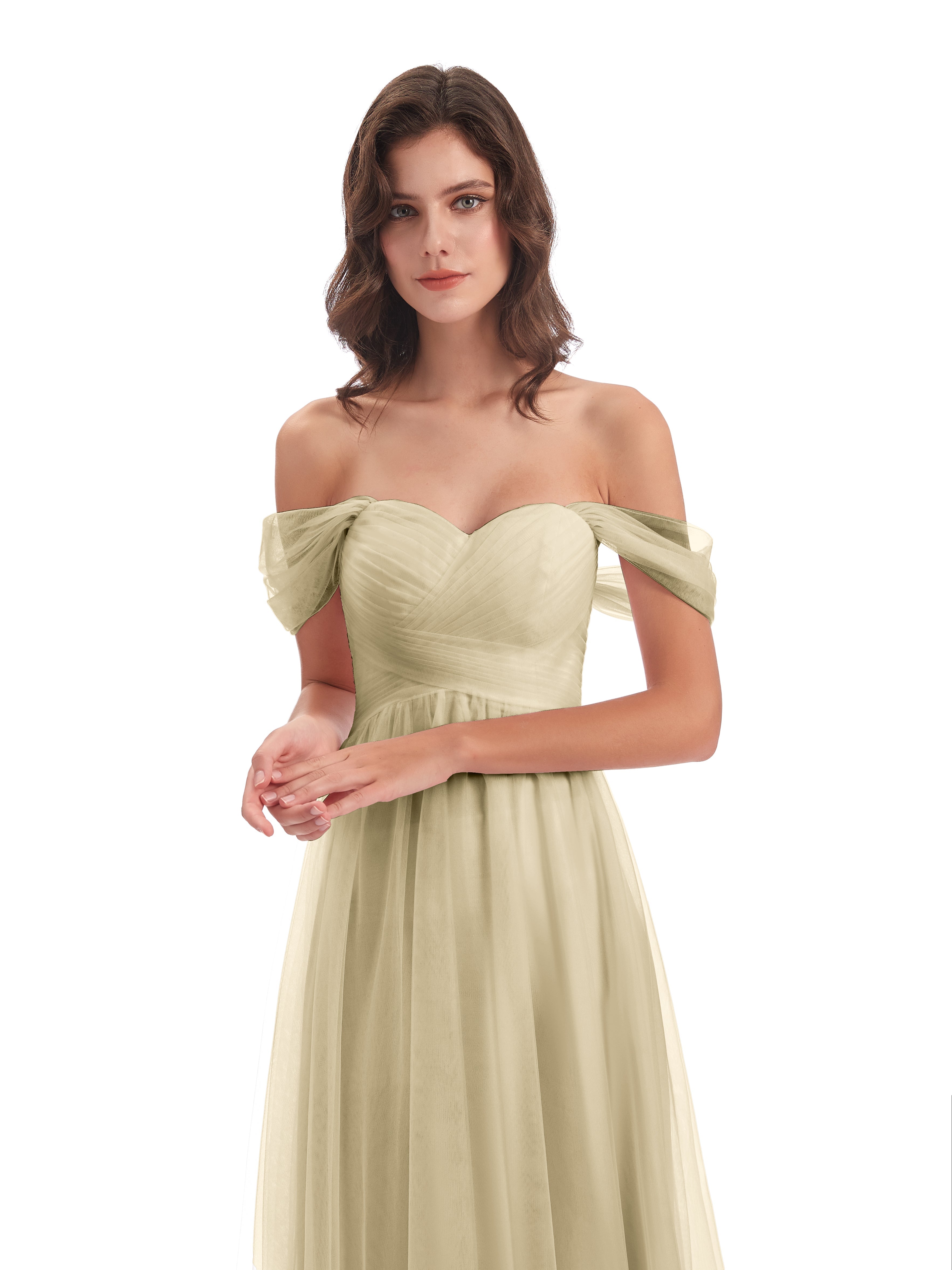 Robes De Demoiselle D'Honneur Champagne Trapèze Hors-La-Épaule Tulle Longue Robes Demoiselle D'Honneur