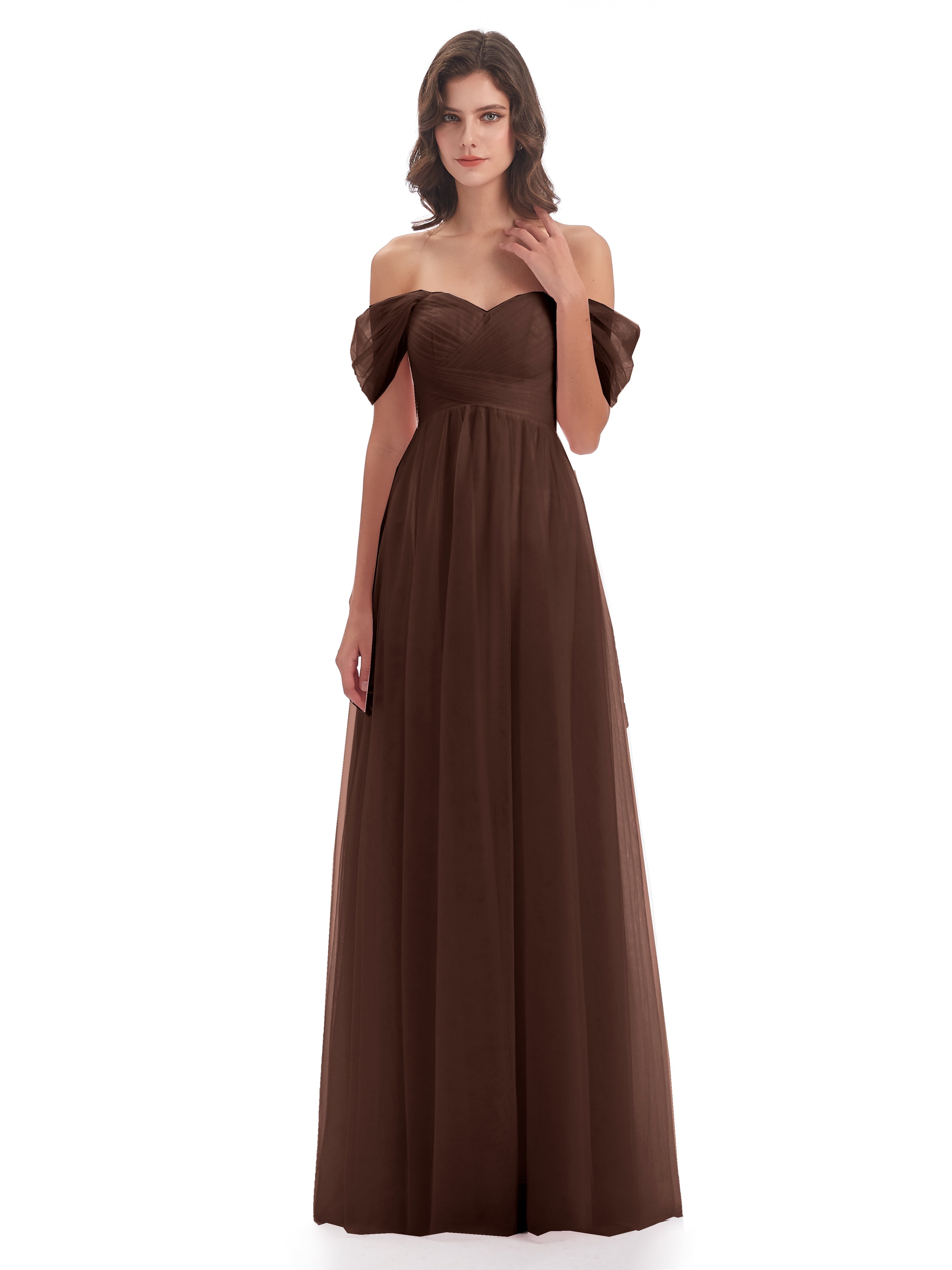 Robe Demoiselle D Honneur Chocolat Trapèze Hors-La-Épaule Tulle Longue Robes Demoiselle D'Honneur