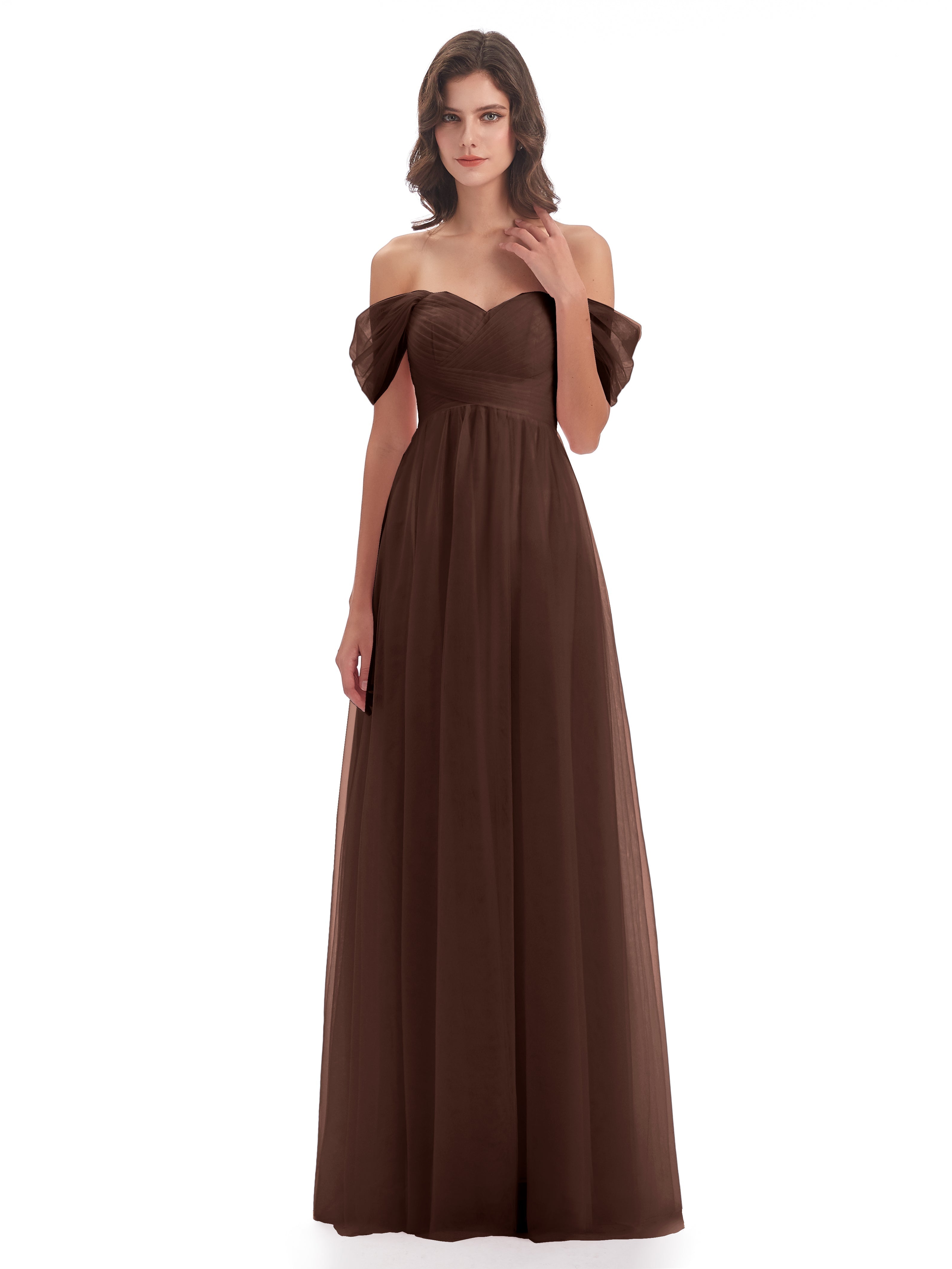 Robe Demoiselle D Honneur Chocolat Trapèze Hors-La-Épaule Tulle Longue Robes Demoiselle D'Honneur