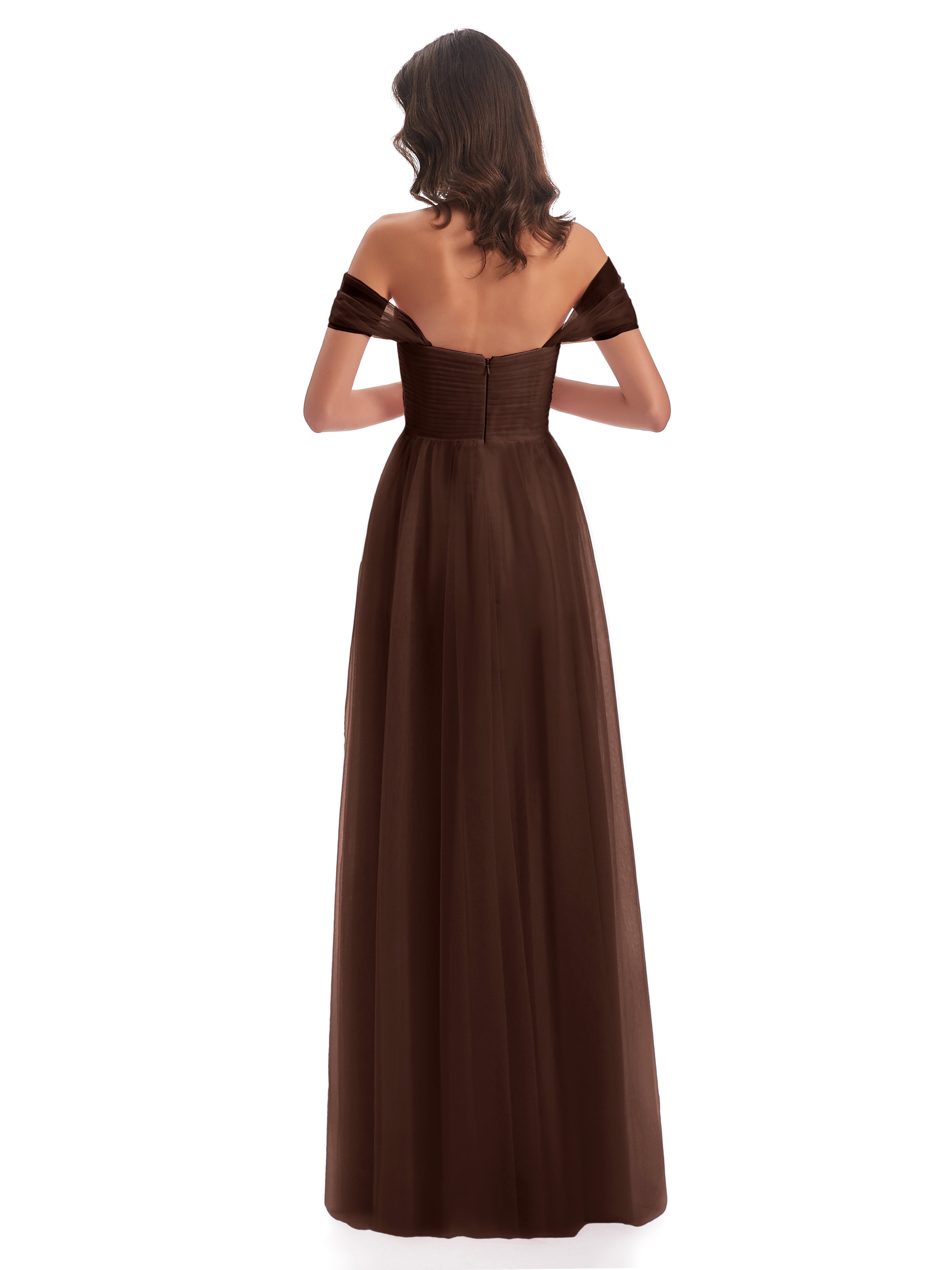 Robe Demoiselle D Honneur Chocolat Trapèze Hors-La-Épaule Tulle Longue Robes Demoiselle D'Honneur