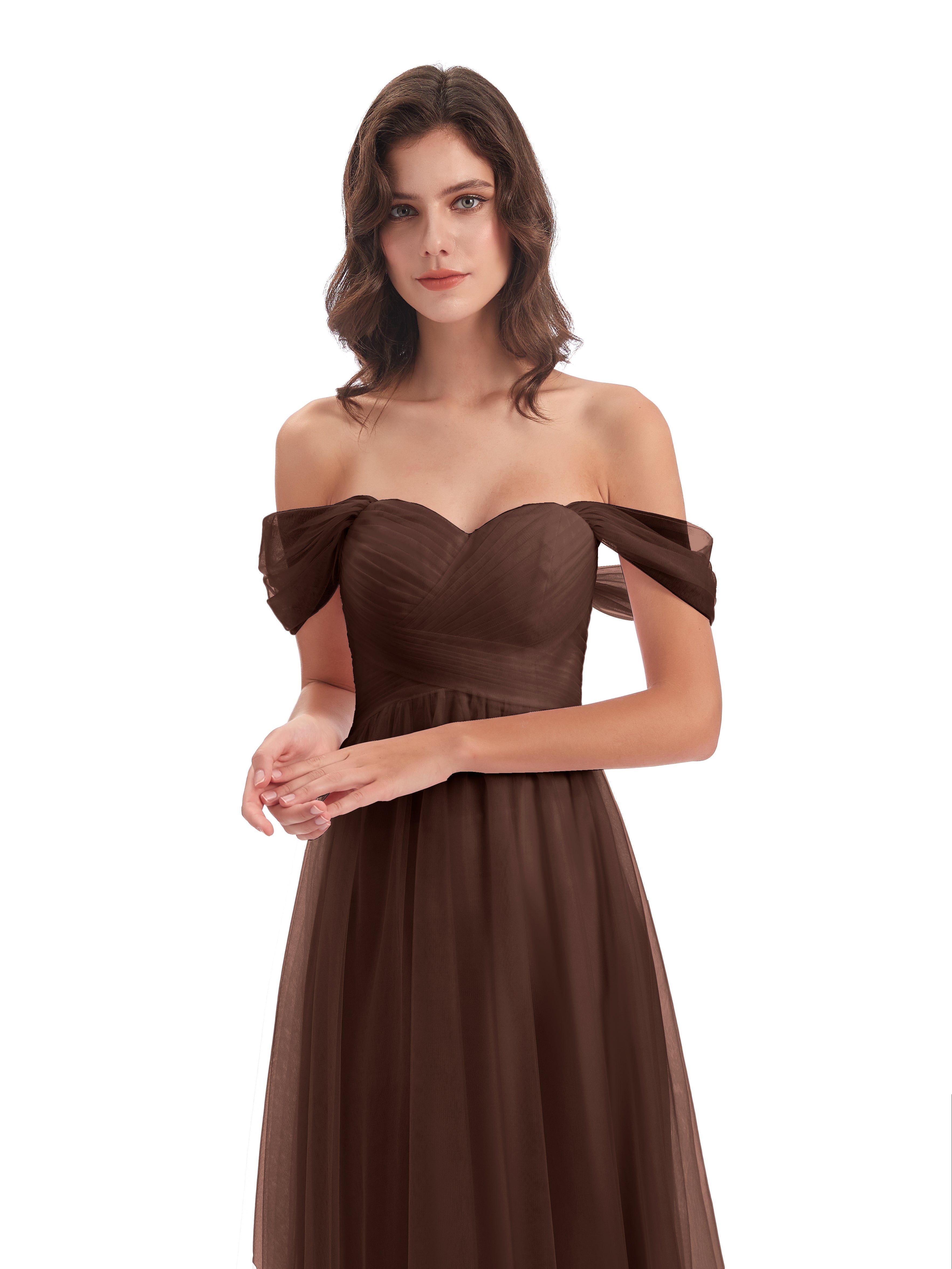 Robe Demoiselle D Honneur Chocolat Trapèze Hors-La-Épaule Tulle Longue Robes Demoiselle D'Honneur