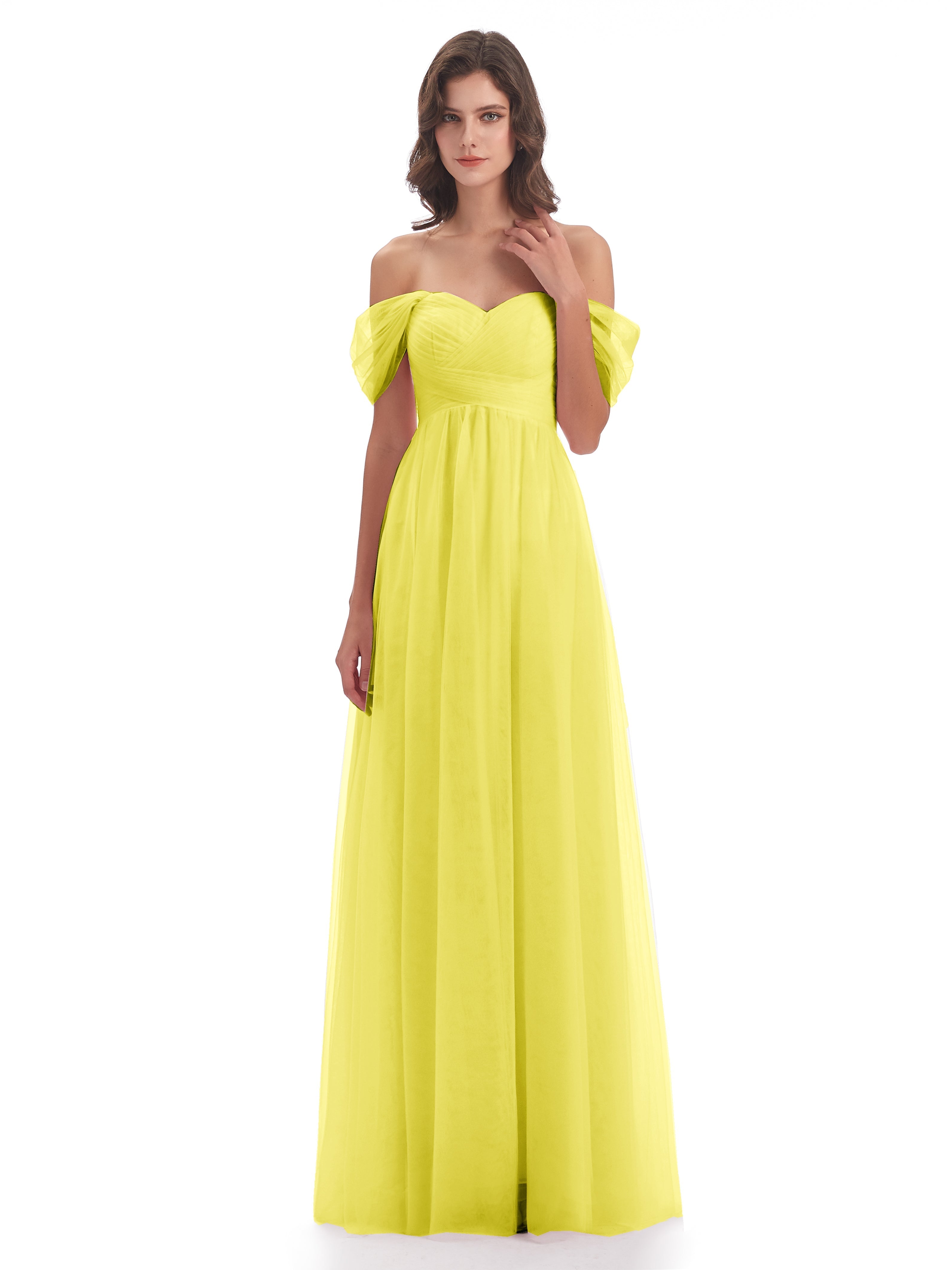 Robes De Demoiselle D'Honneur Citron Trapèze Hors-La-Épaule Tulle Longue Robes Demoiselle D'Honneur