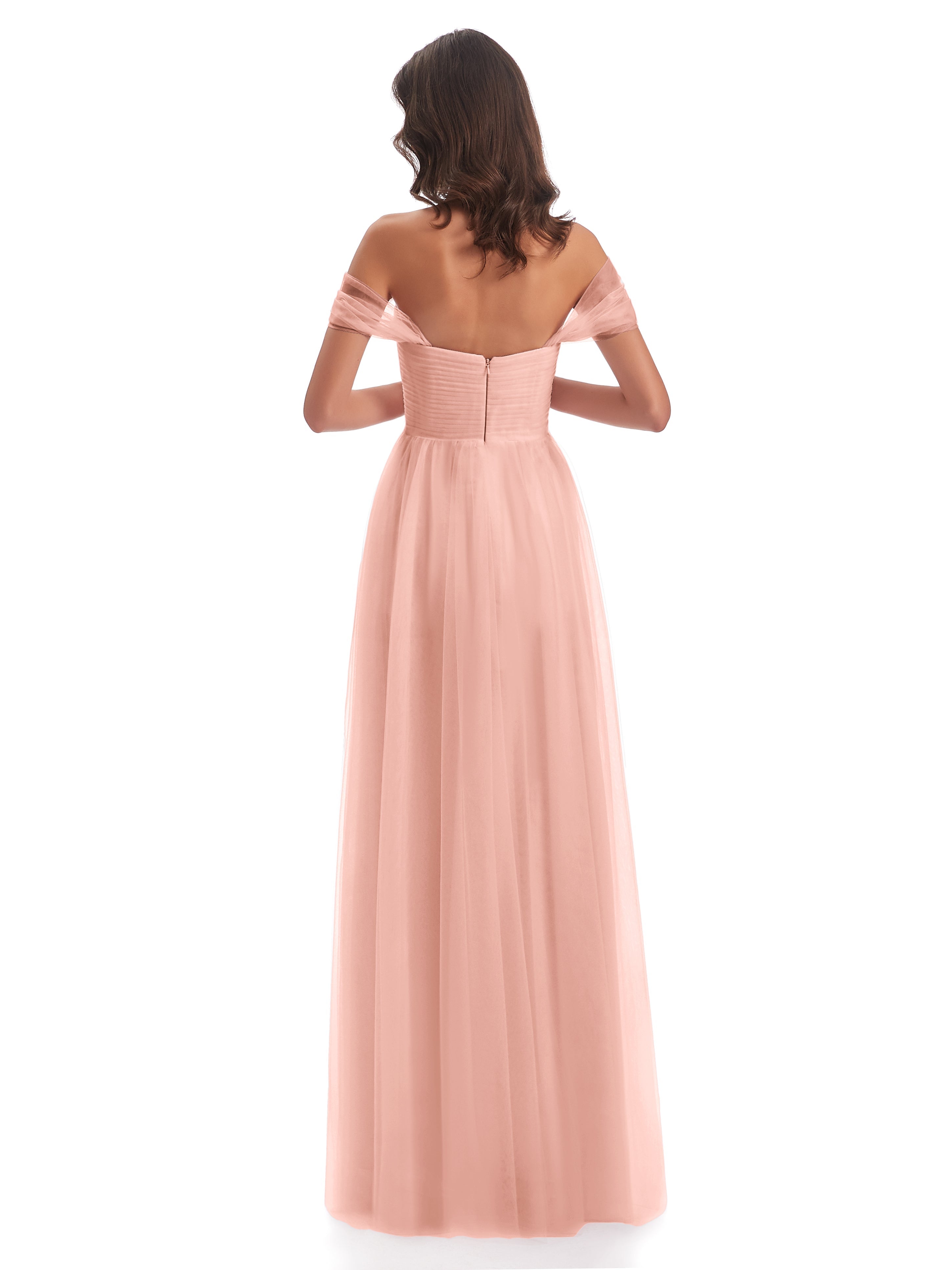 Robe Longue Corail Demoiselle D Honneur Trapèze Hors-La-Épaule Tulle Longue Robes Demoiselle D'Honneur