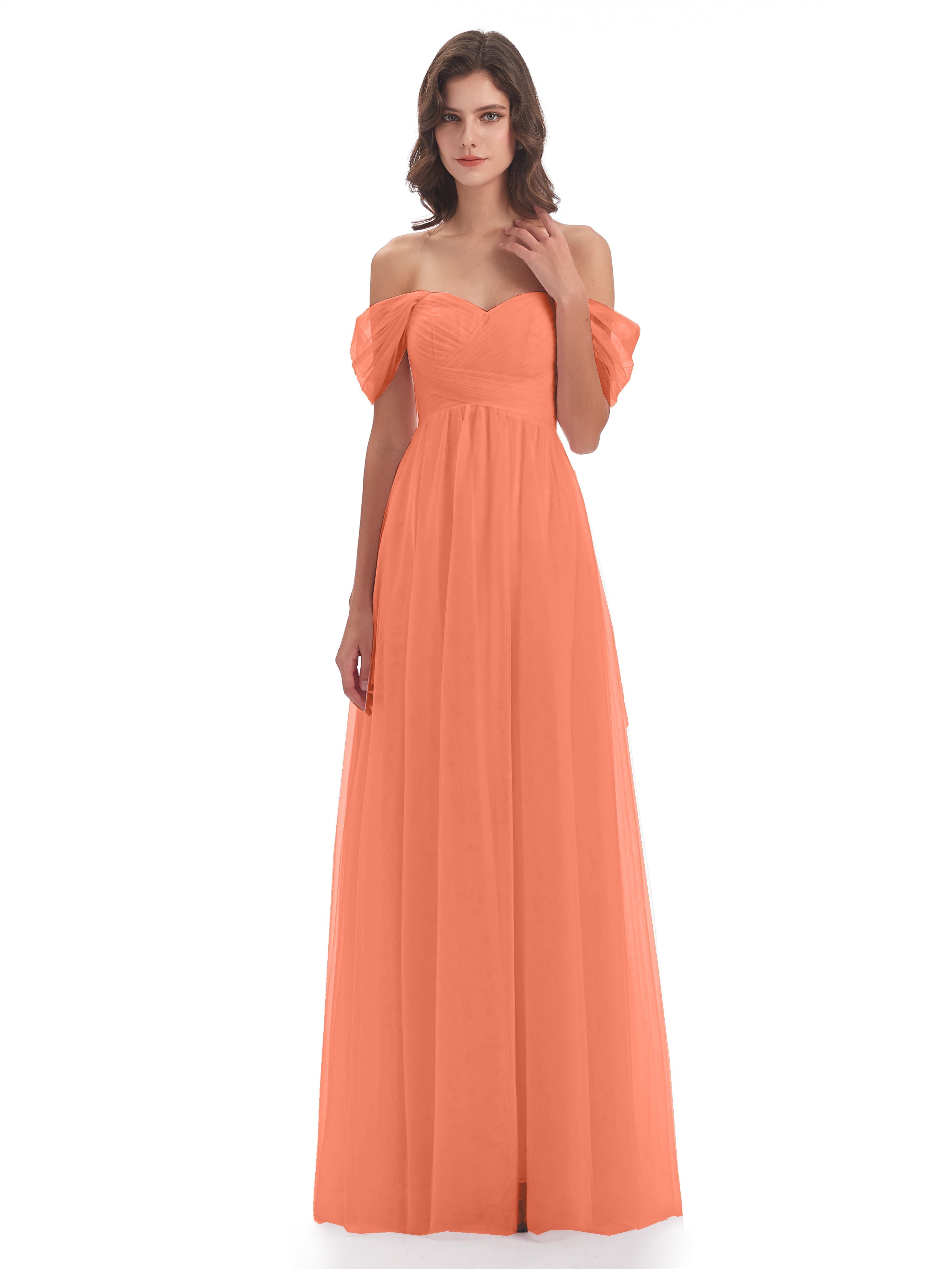 Robes De Demoiselle D'Honneur Coucher De Soleil Trapèze Hors-La-Épaule Tulle Longue Robes Demoiselle D'Honneur