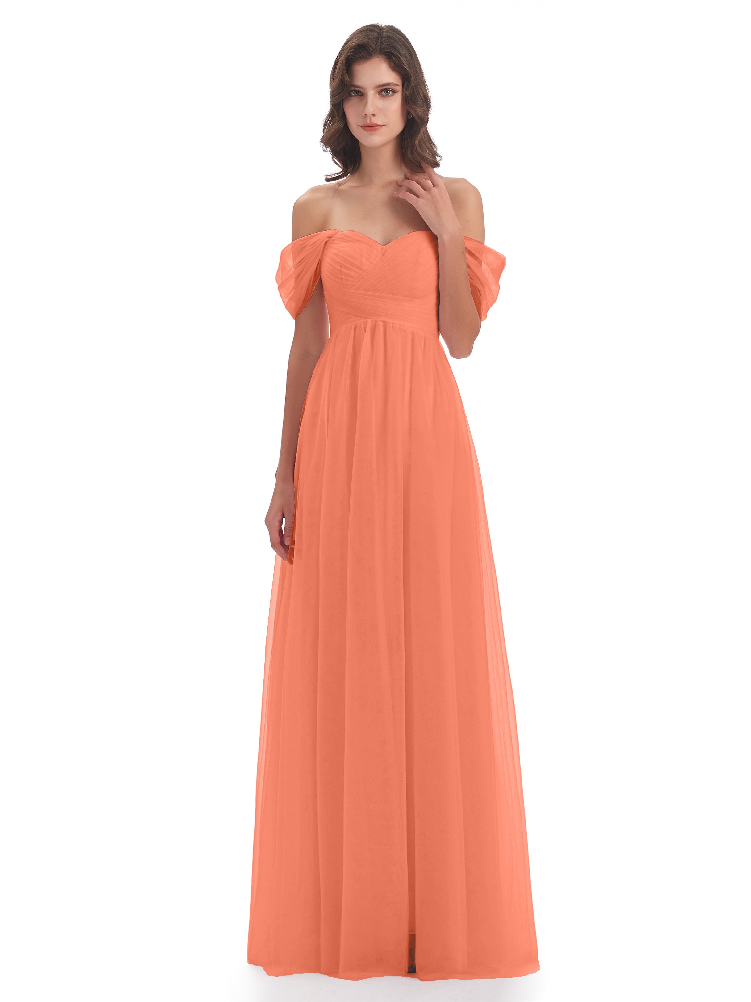 Robes De Demoiselle D'Honneur Coucher De Soleil Trapèze Hors-La-Épaule Tulle Longue Robes Demoiselle D'Honneur