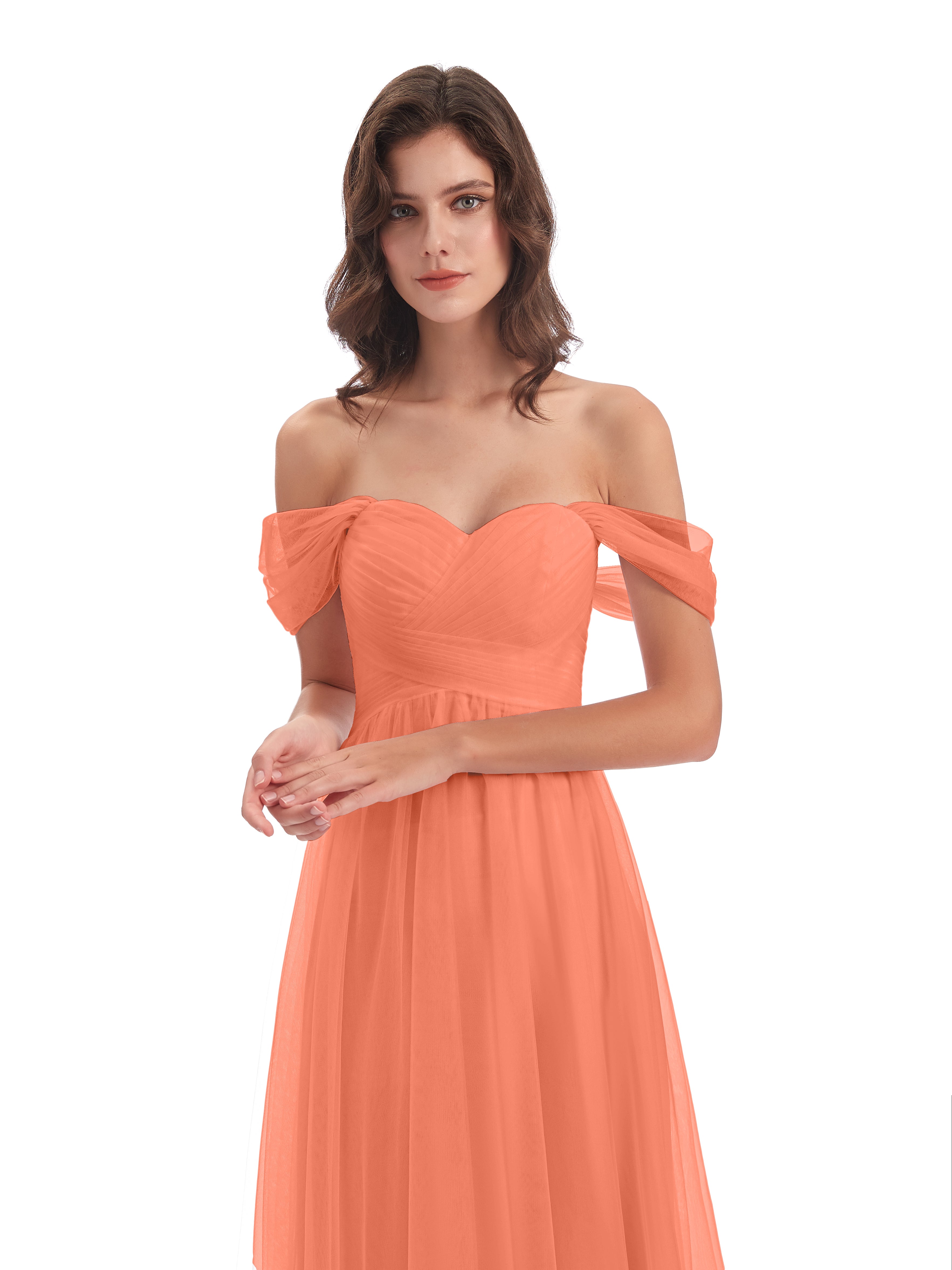 Robes De Demoiselle D'Honneur Coucher De Soleil Trapèze Hors-La-Épaule Tulle Longue Robes Demoiselle D'Honneur
