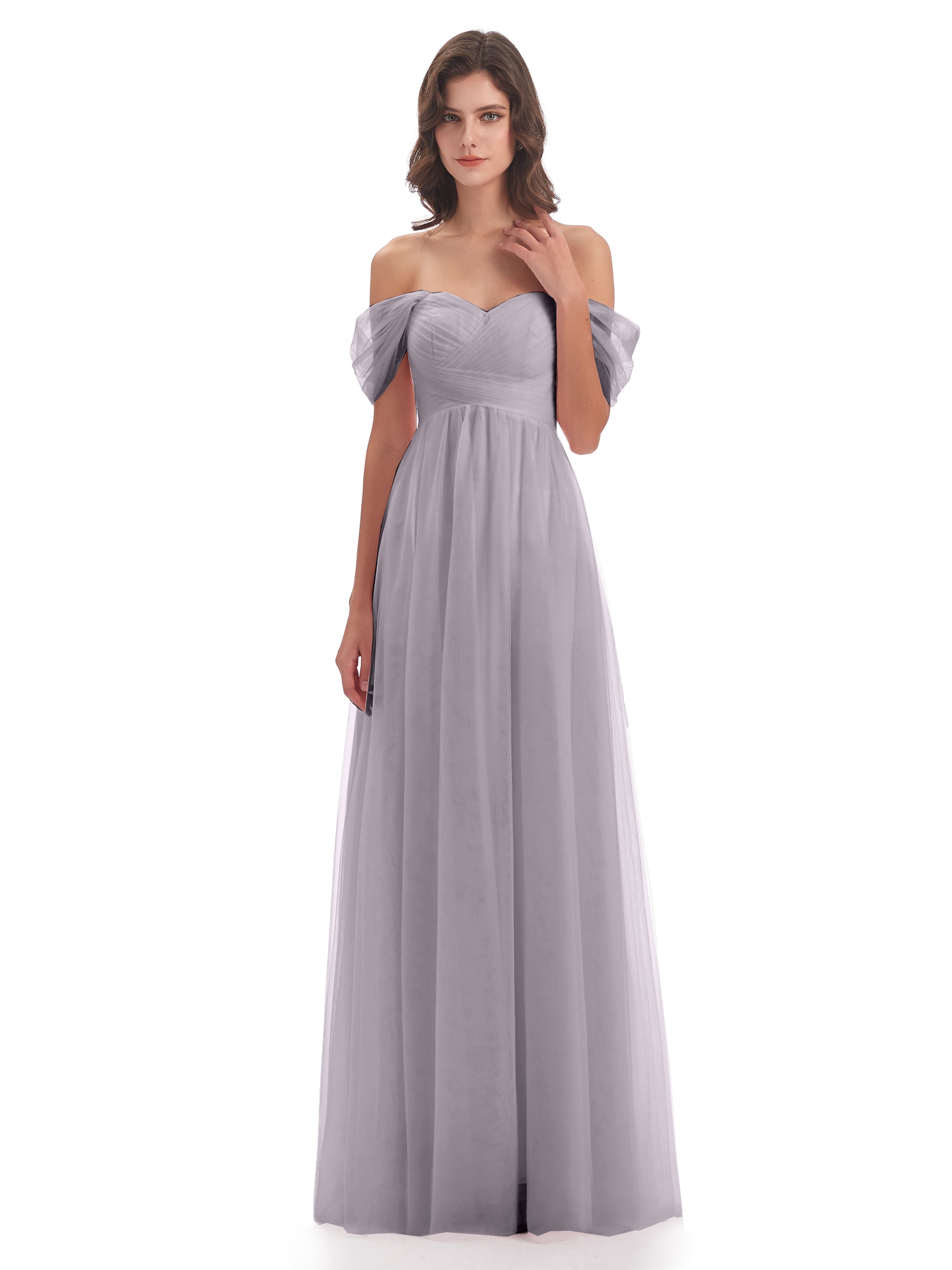 Robes De Demoiselle D'Honneur Couleur Crépuscule Trapèze Hors-La-Épaule Tulle Longue Robes Demoiselle D'Honneur