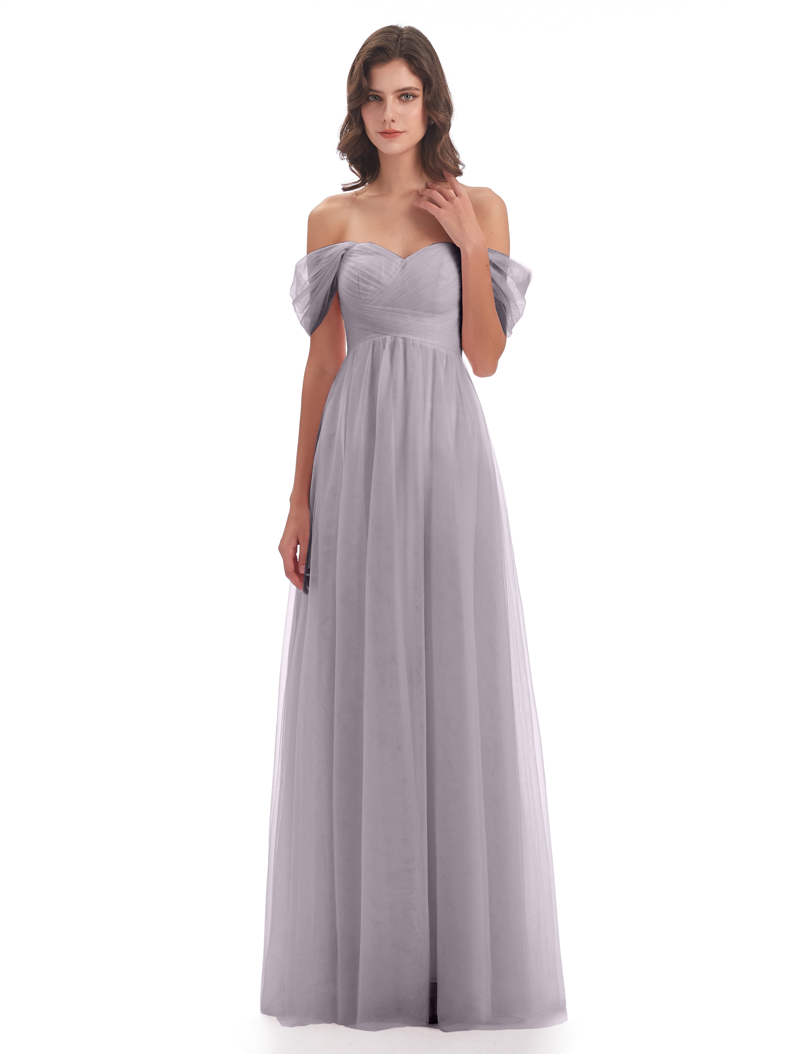 Robes De Demoiselle D'Honneur Couleur Crépuscule Trapèze Hors-La-Épaule Tulle Longue Robes Demoiselle D'Honneur