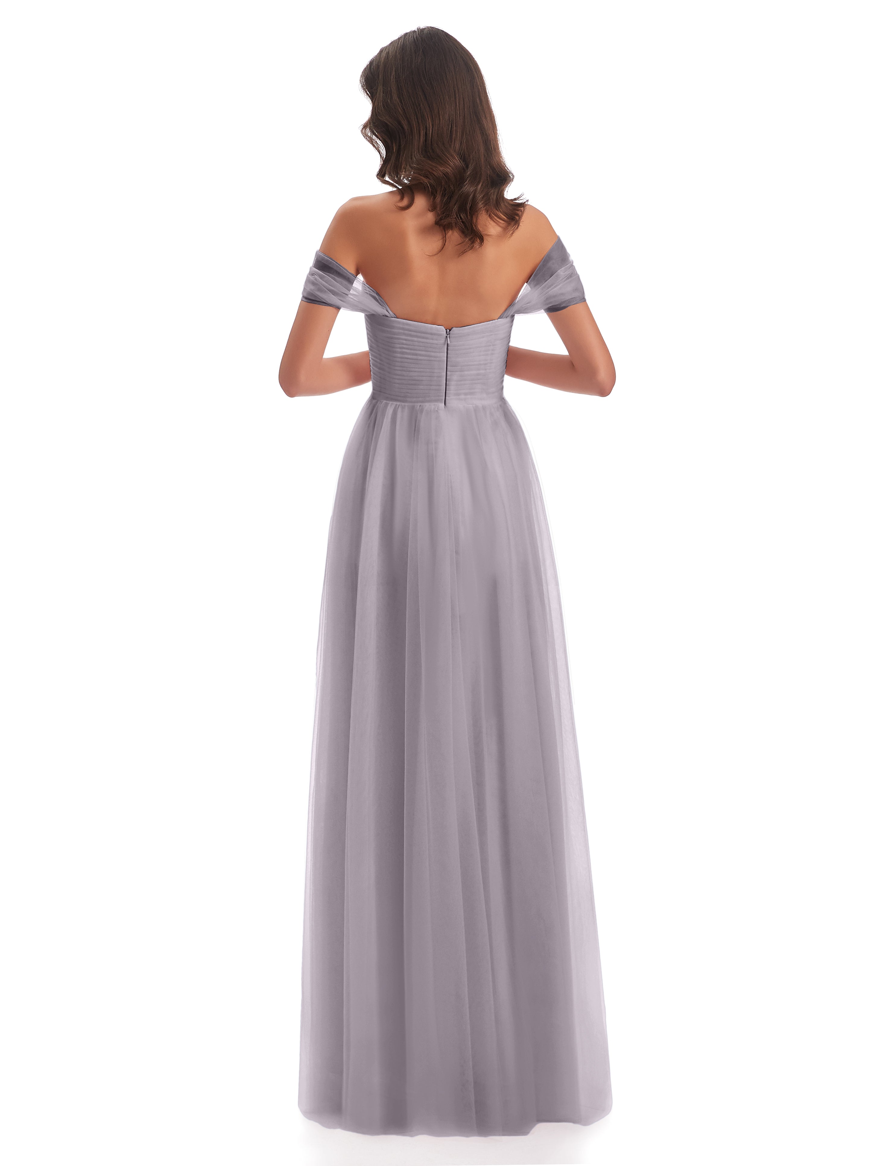 Robes De Demoiselle D'Honneur Couleur Crépuscule Trapèze Hors-La-Épaule Tulle Longue Robes Demoiselle D'Honneur