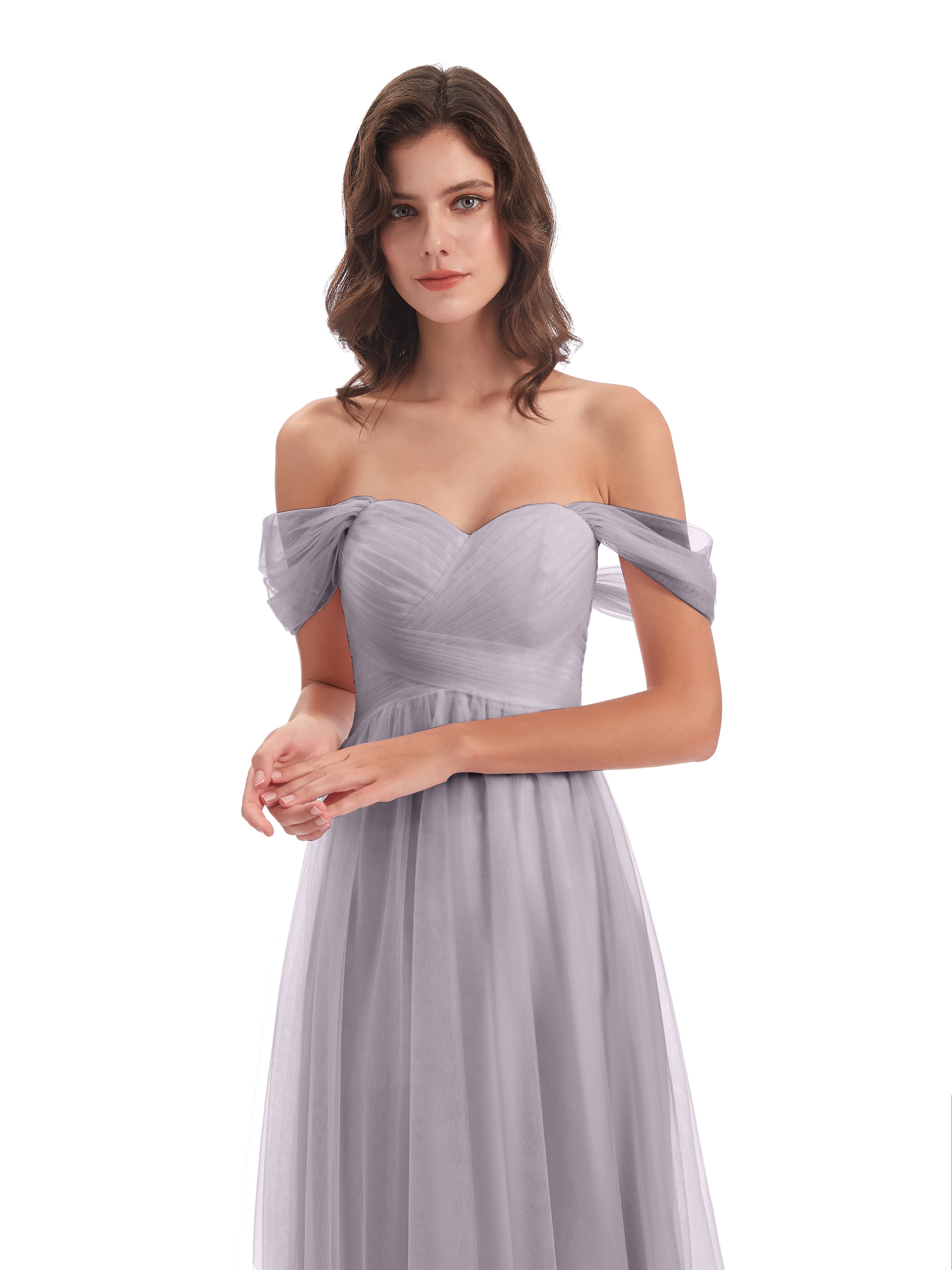 Robes De Demoiselle D'Honneur Couleur Crépuscule Trapèze Hors-La-Épaule Tulle Longue Robes Demoiselle D'Honneur