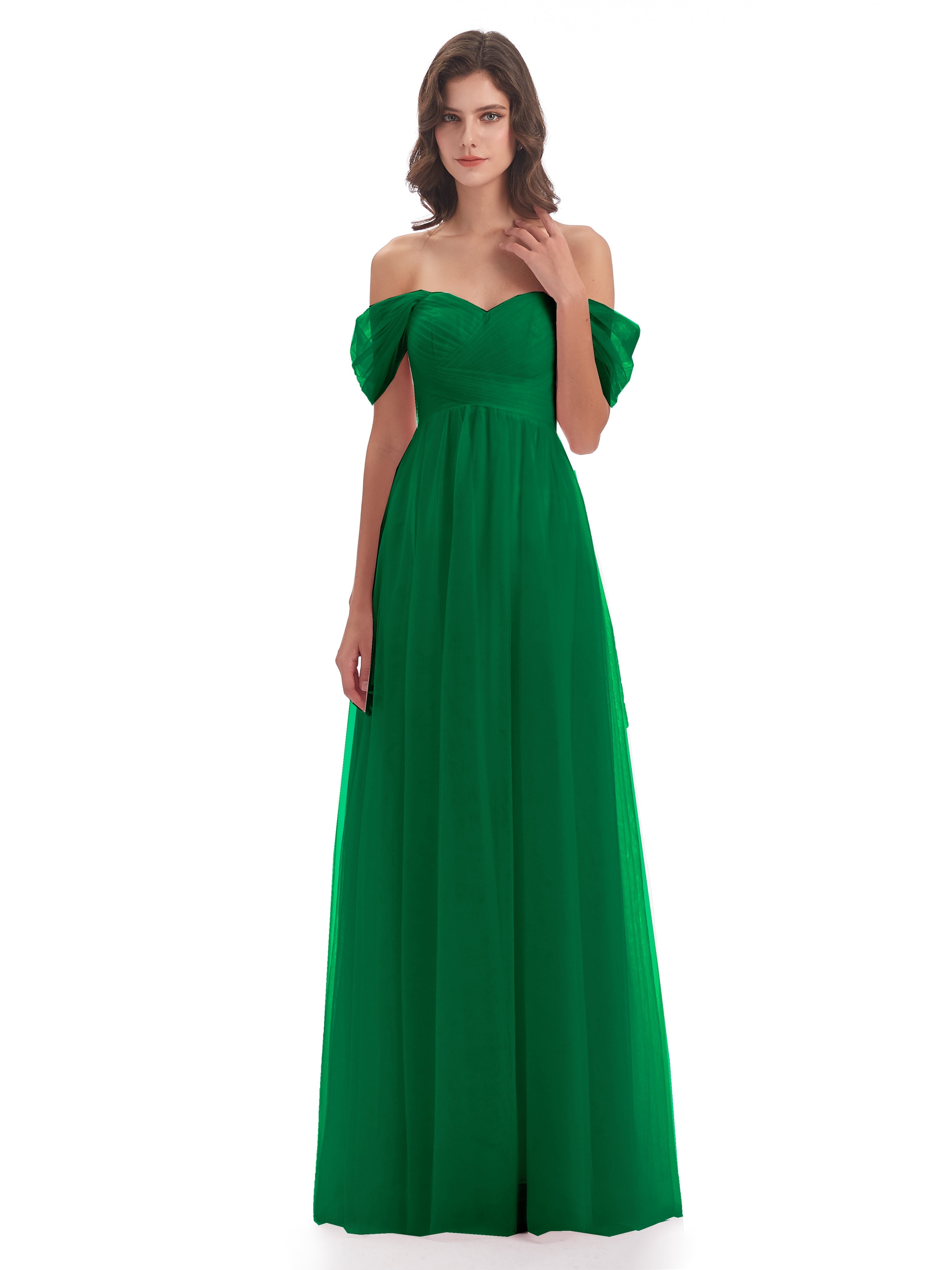 Robes De Demoiselle D'Honneur Émeraude Trapèze Hors-La-Épaule Tulle Longue Robes Demoiselle D'Honneur