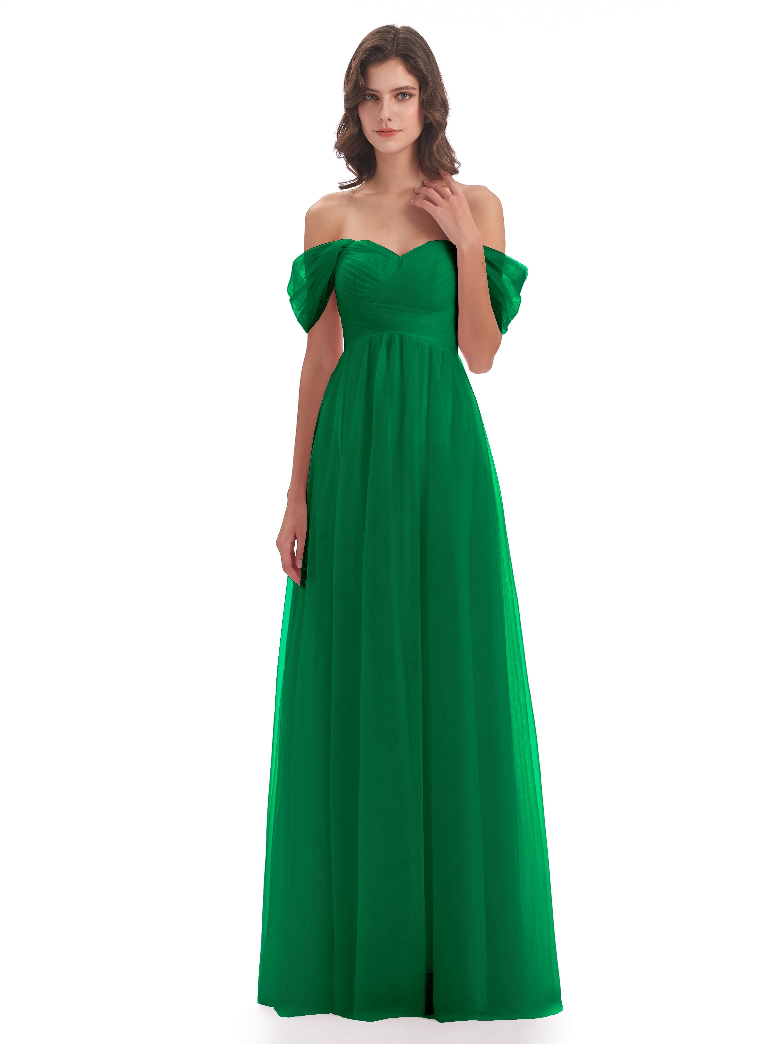 Robes De Demoiselle D'Honneur Émeraude Trapèze Hors-La-Épaule Tulle Longue Robes Demoiselle D'Honneur