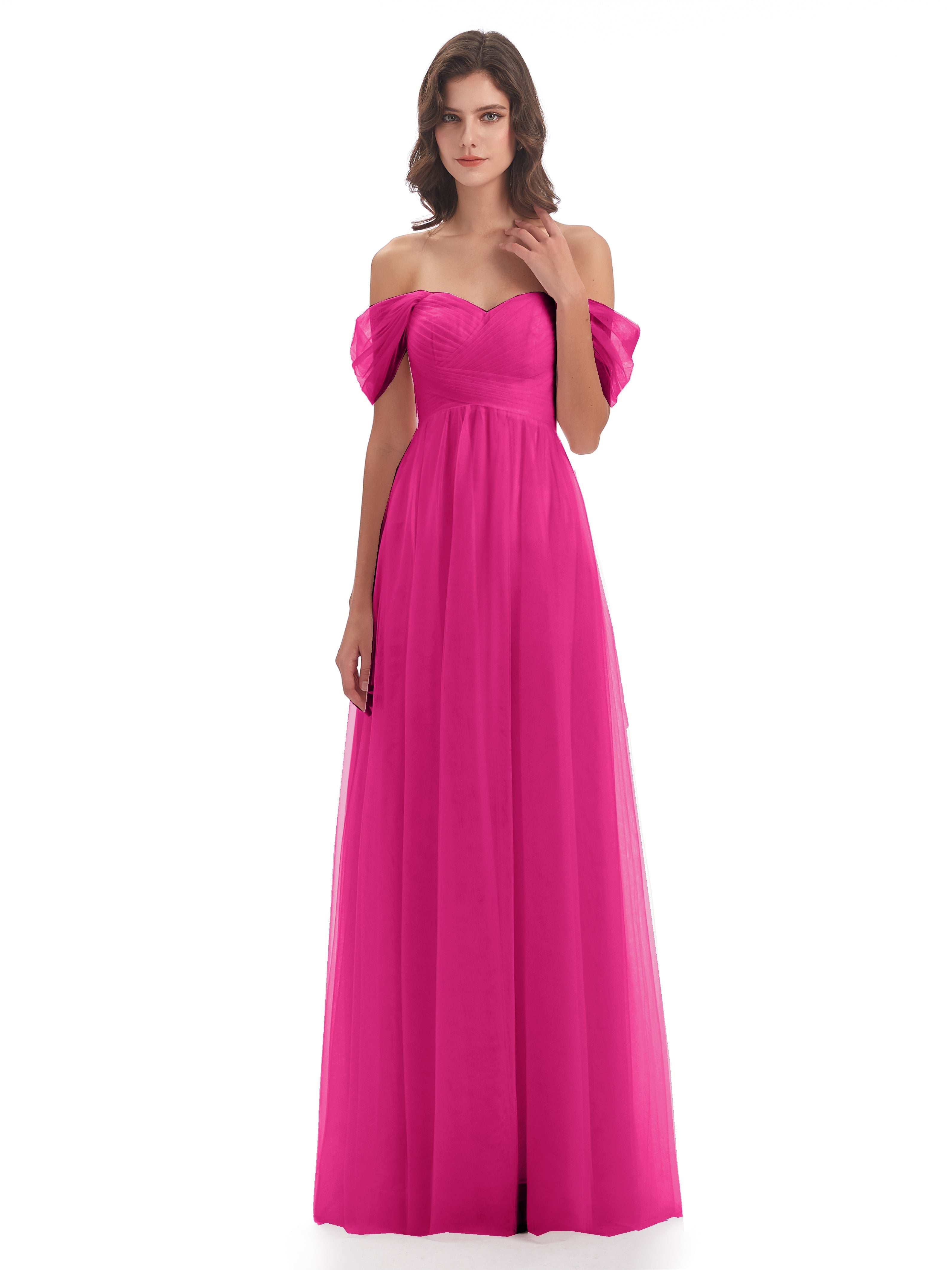 Robes De Demoiselle D'Honneur Couleur Rose Fuchsia Trapèze Hors-La-Épaule Tulle Longue Robes Demoiselle D'Honneur