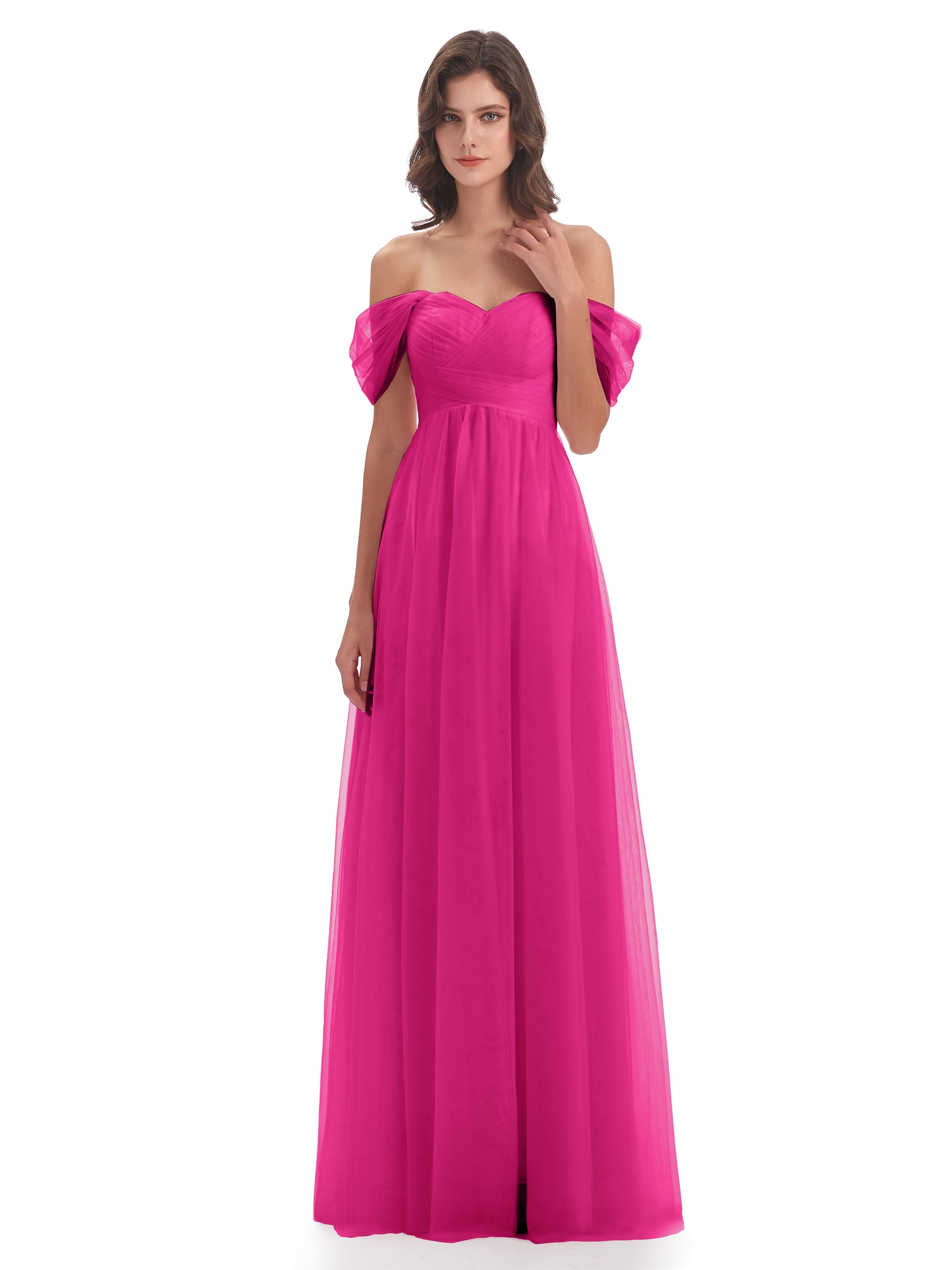 Robes De Demoiselle D'Honneur Couleur Rose Fuchsia Trapèze Hors-La-Épaule Tulle Longue Robes Demoiselle D'Honneur
