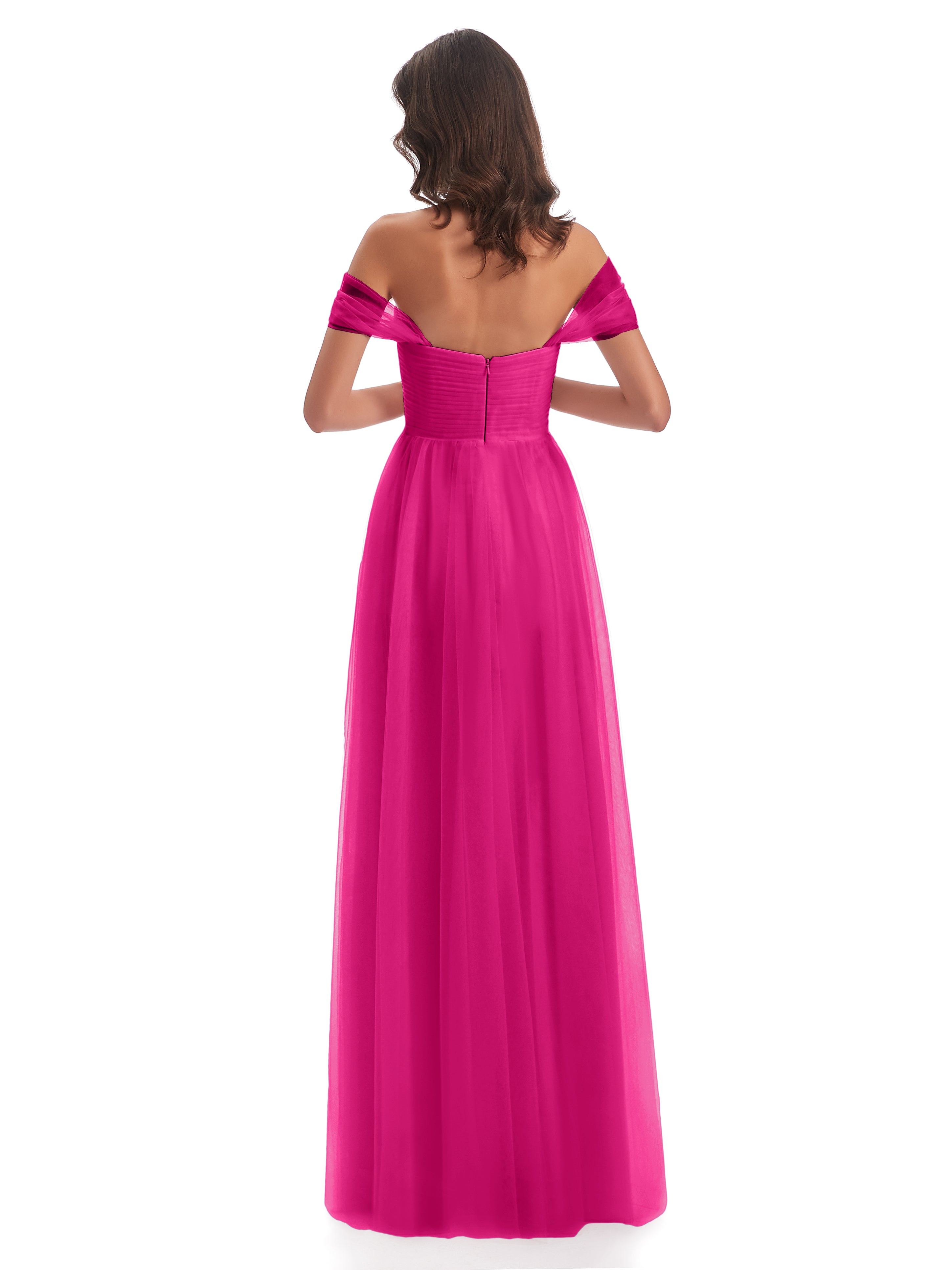 Robes De Demoiselle D'Honneur Couleur Rose Fuchsia Trapèze Hors-La-Épaule Tulle Longue Robes Demoiselle D'Honneur