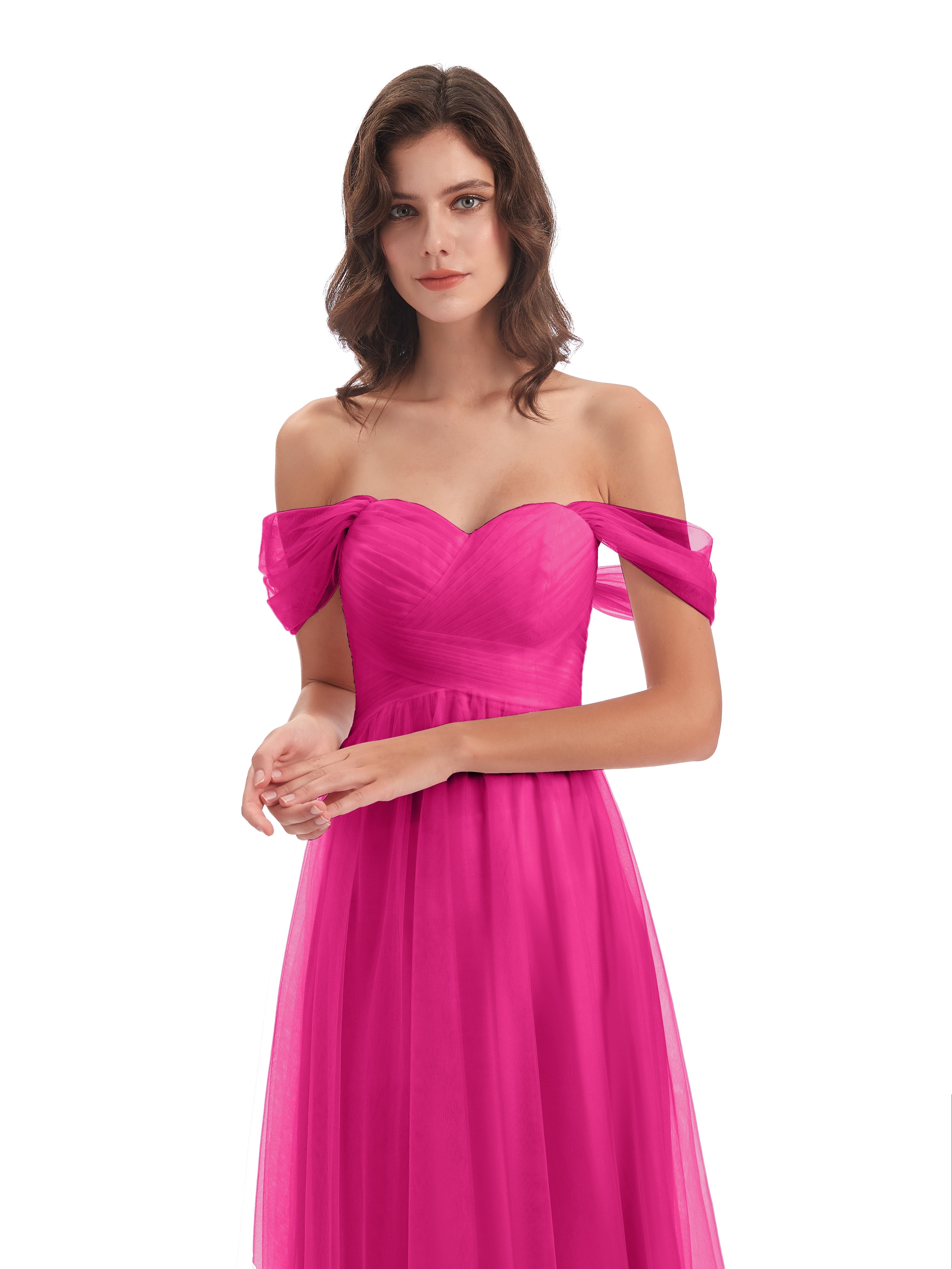 Robes De Demoiselle D'Honneur Couleur Rose Fuchsia Trapèze Hors-La-Épaule Tulle Longue Robes Demoiselle D'Honneur