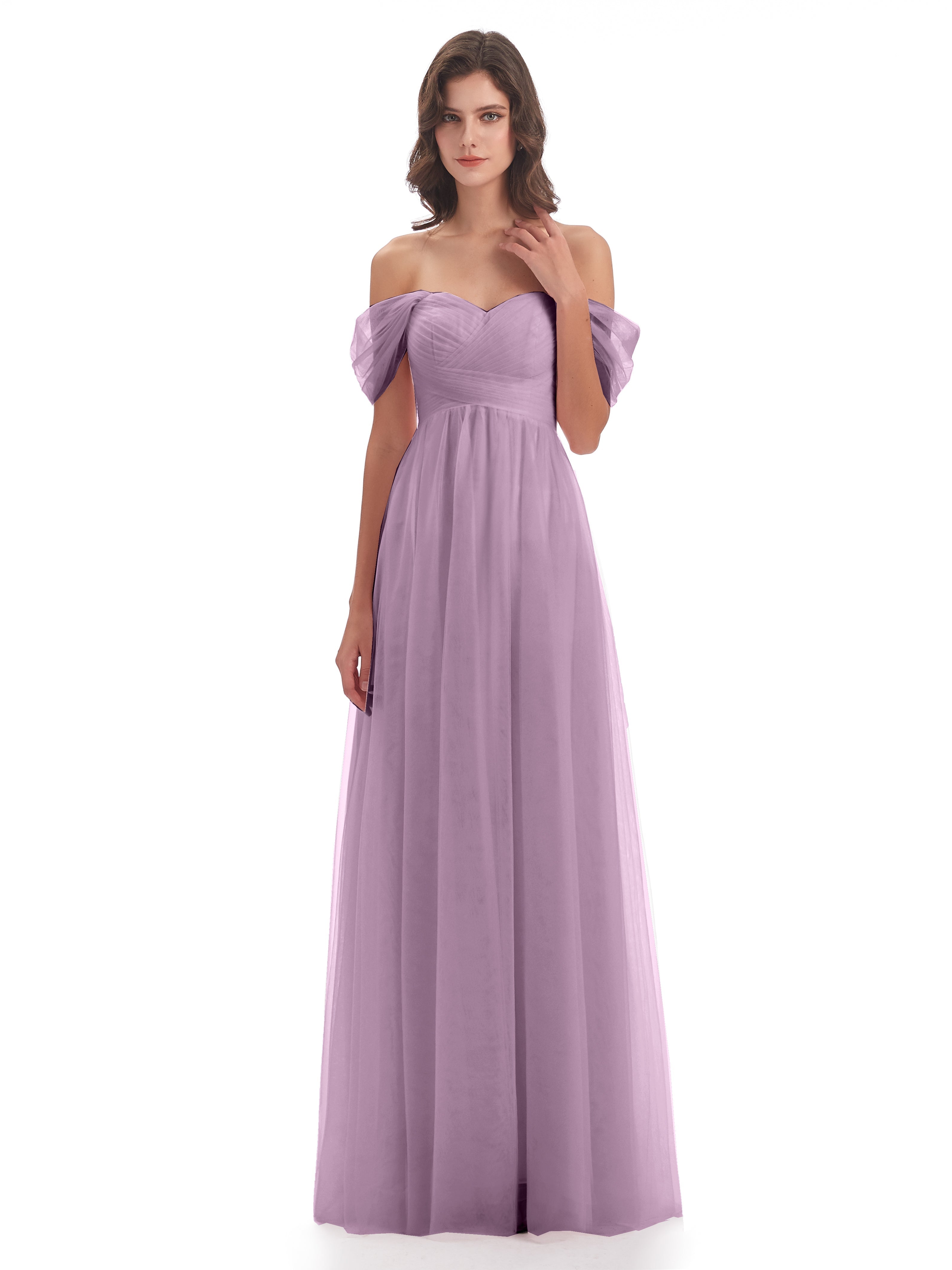 Robes De Demoiselle D'Honneur Glycine Trapèze Hors-La-Épaule Tulle Longue Robes Demoiselle D'Honneur