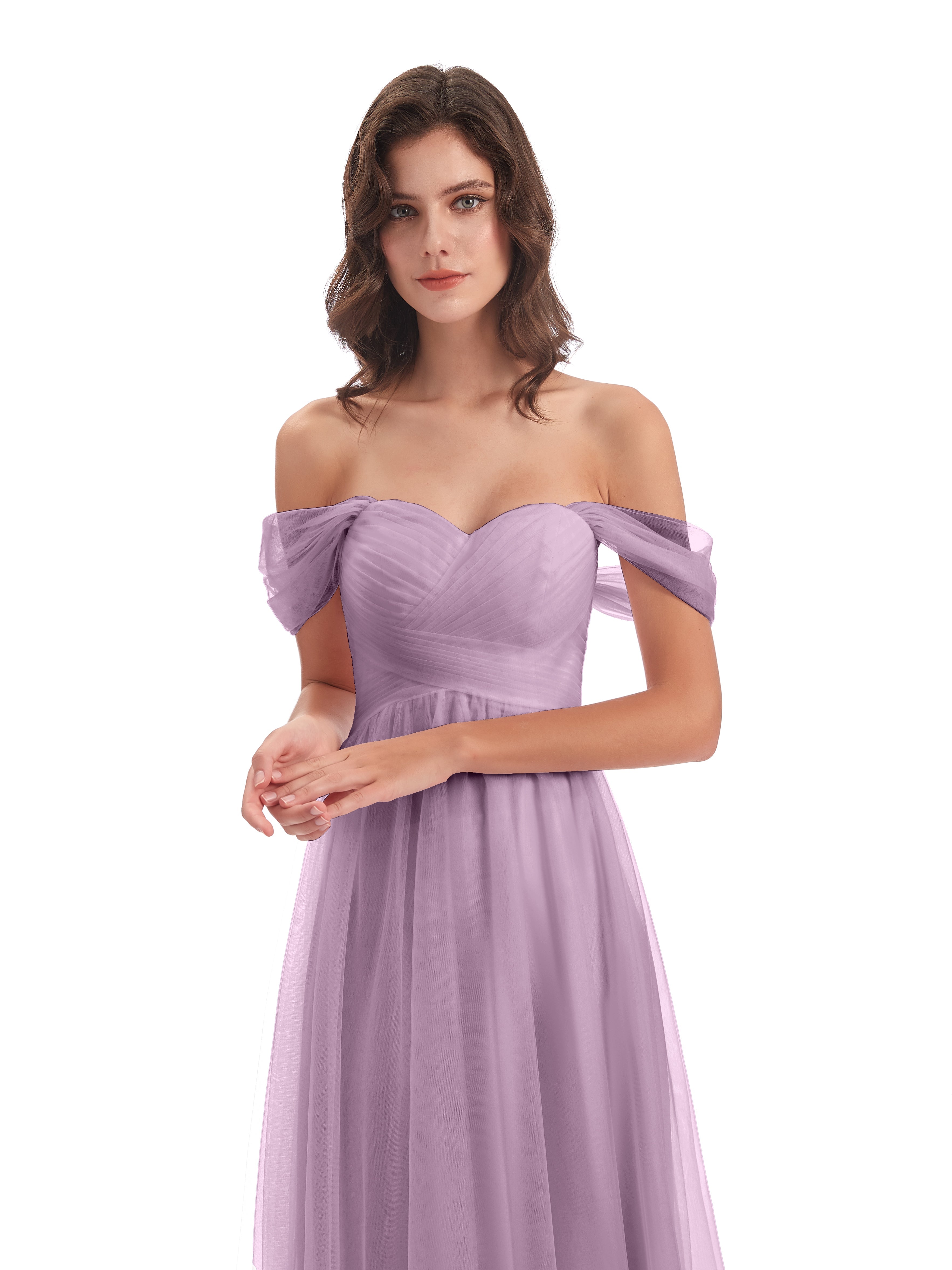 Robes De Demoiselle D'Honneur Glycine Trapèze Hors-La-Épaule Tulle Longue Robes Demoiselle D'Honneur