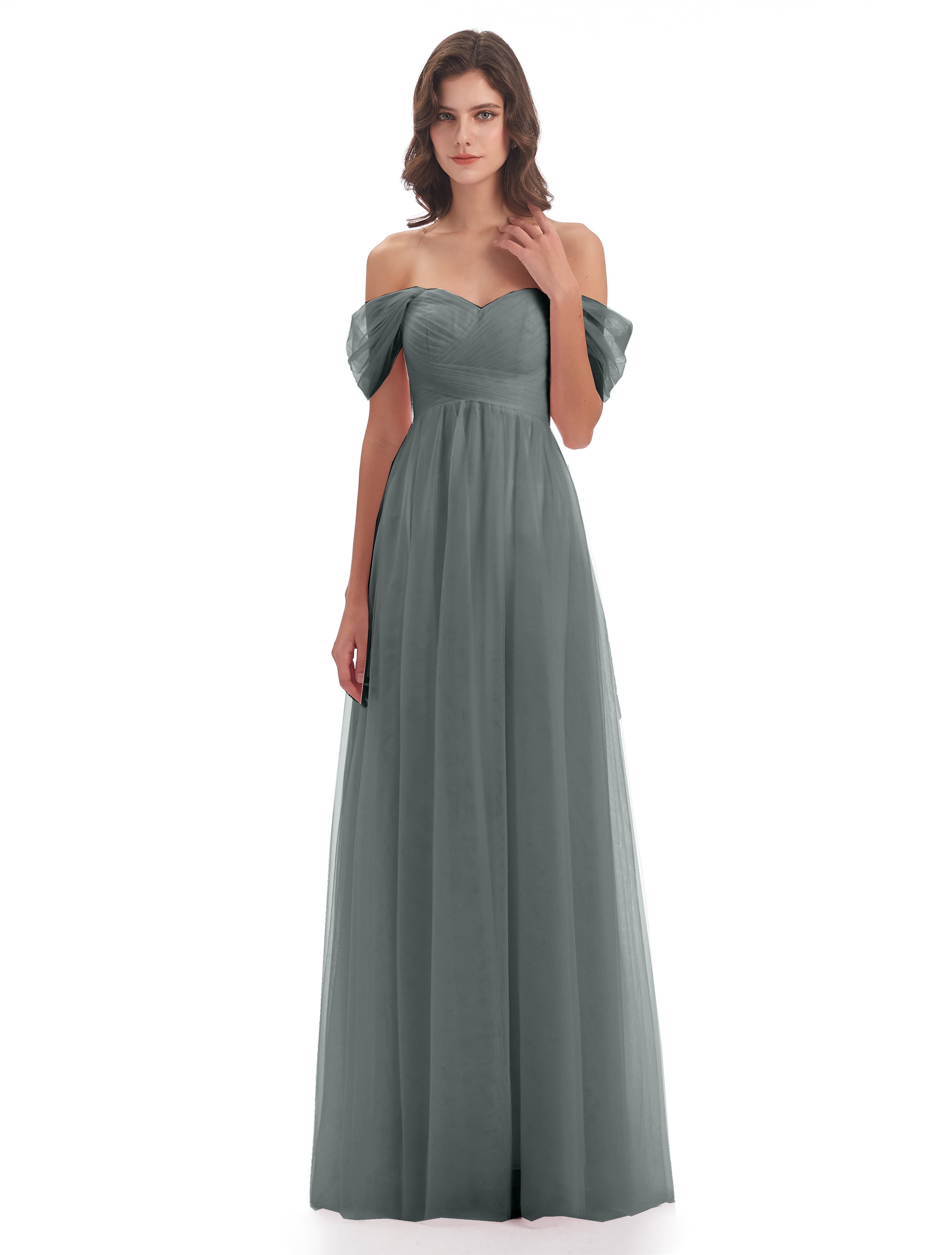 Robe Longue Grise Demoiselle D Honneur Trapèze Hors-La-Épaule Tulle Longue Robes Demoiselle D'Honneur