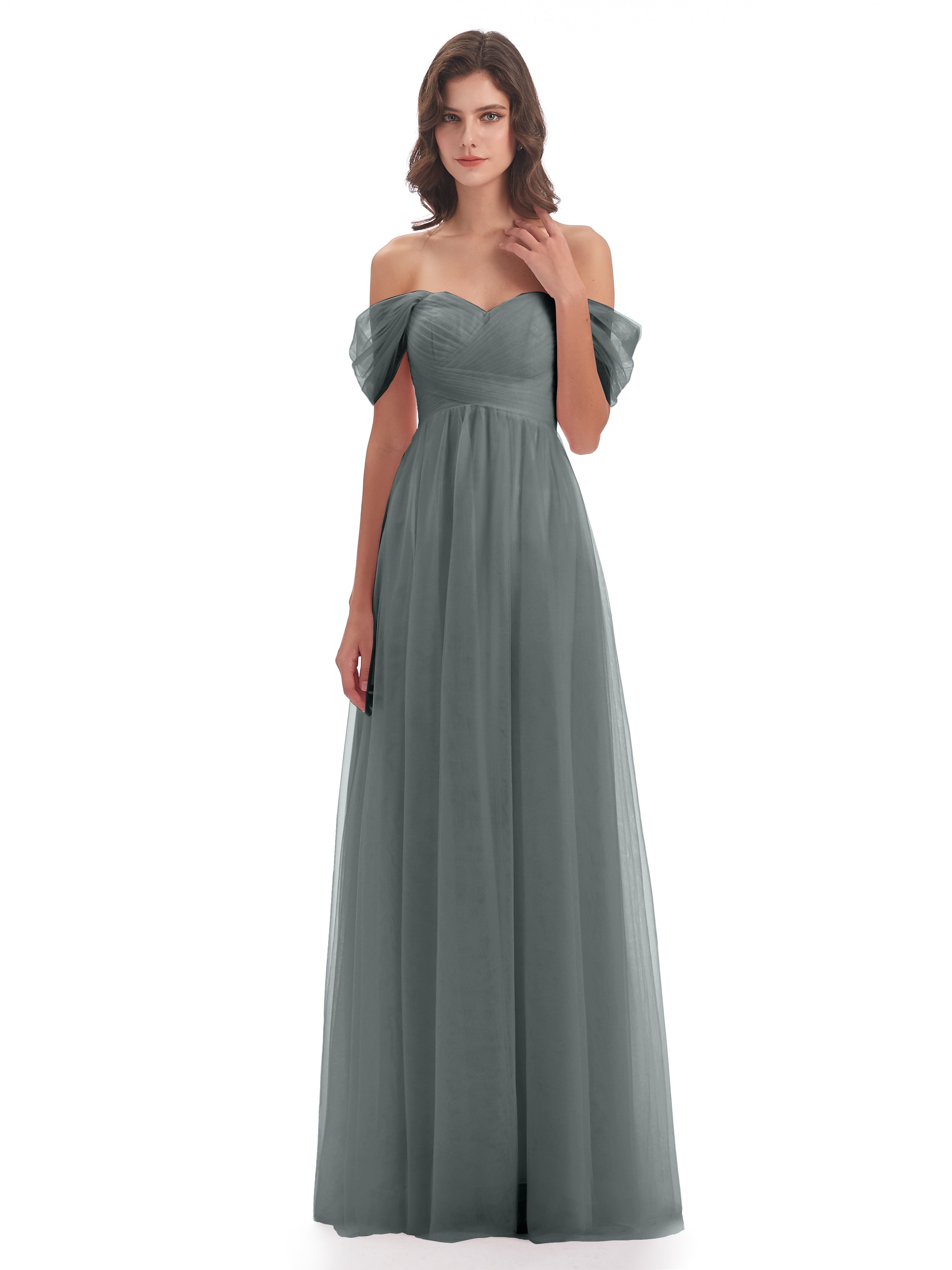 Robe Longue Grise Demoiselle D Honneur Trapèze Hors-La-Épaule Tulle Longue Robes Demoiselle D'Honneur