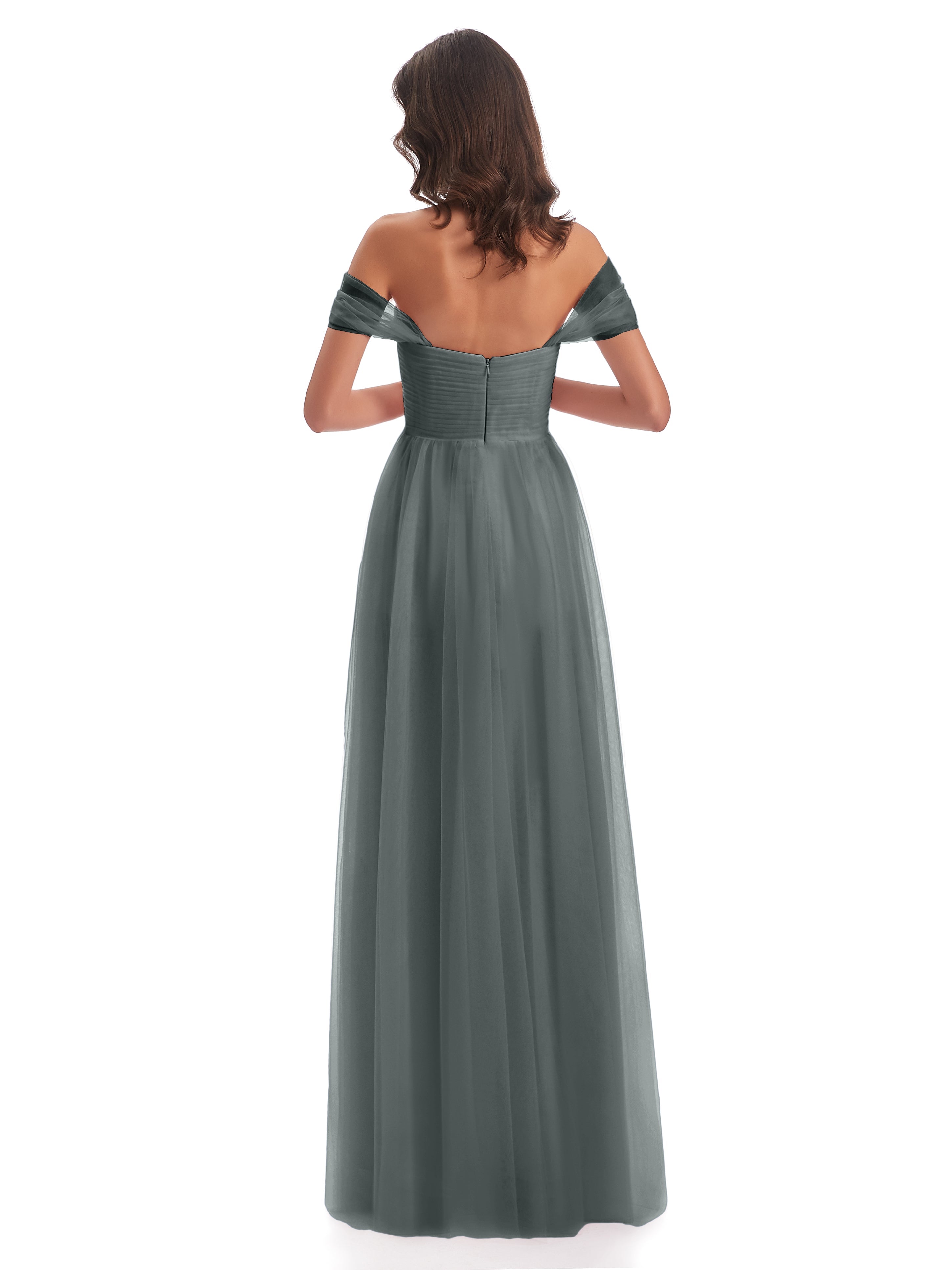 Robe Longue Grise Demoiselle D Honneur Trapèze Hors-La-Épaule Tulle Longue Robes Demoiselle D'Honneur